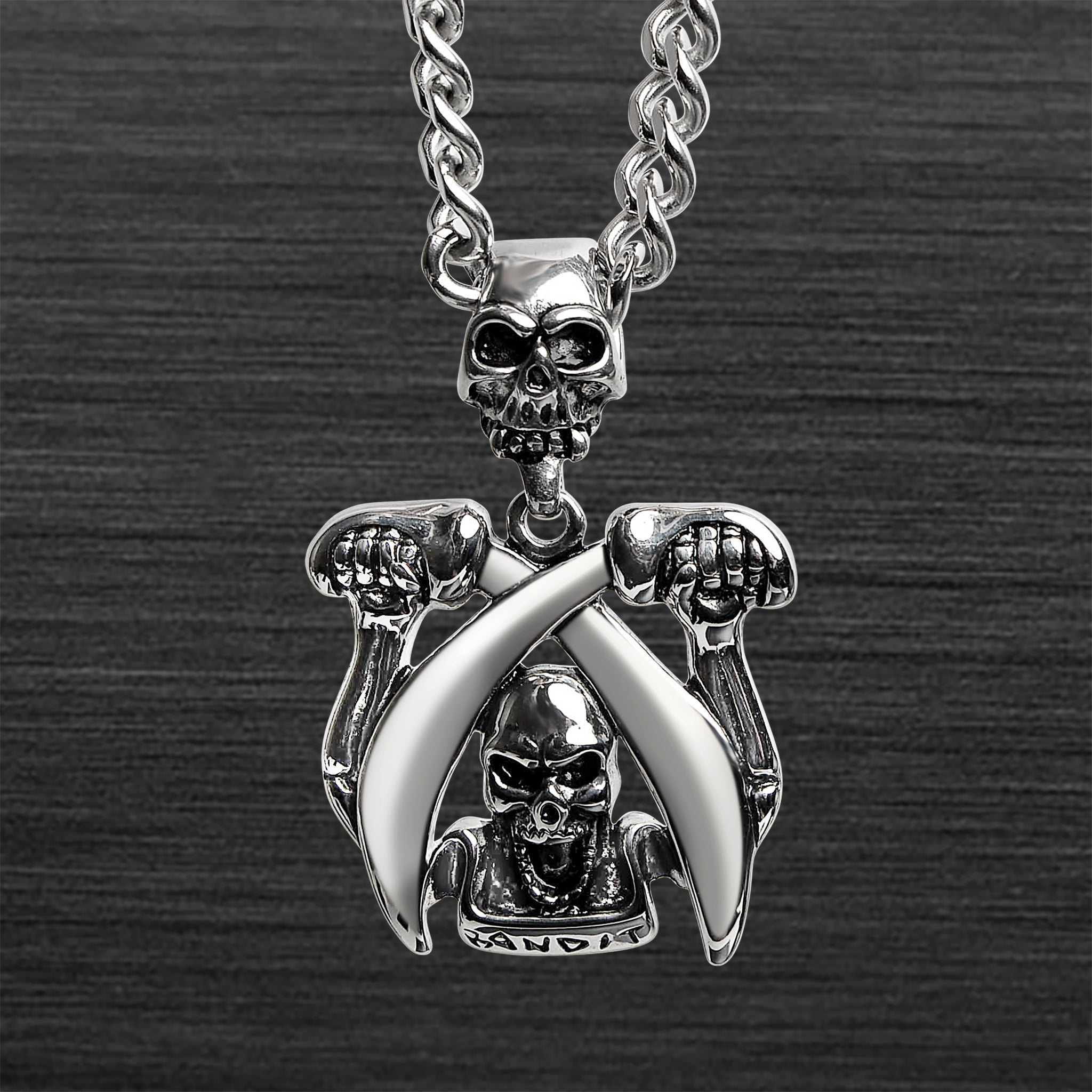 Stainless Steel Bandit SKULL Crossed Scimitar Sword Curb Chain Necklace / PDK0142-RTL