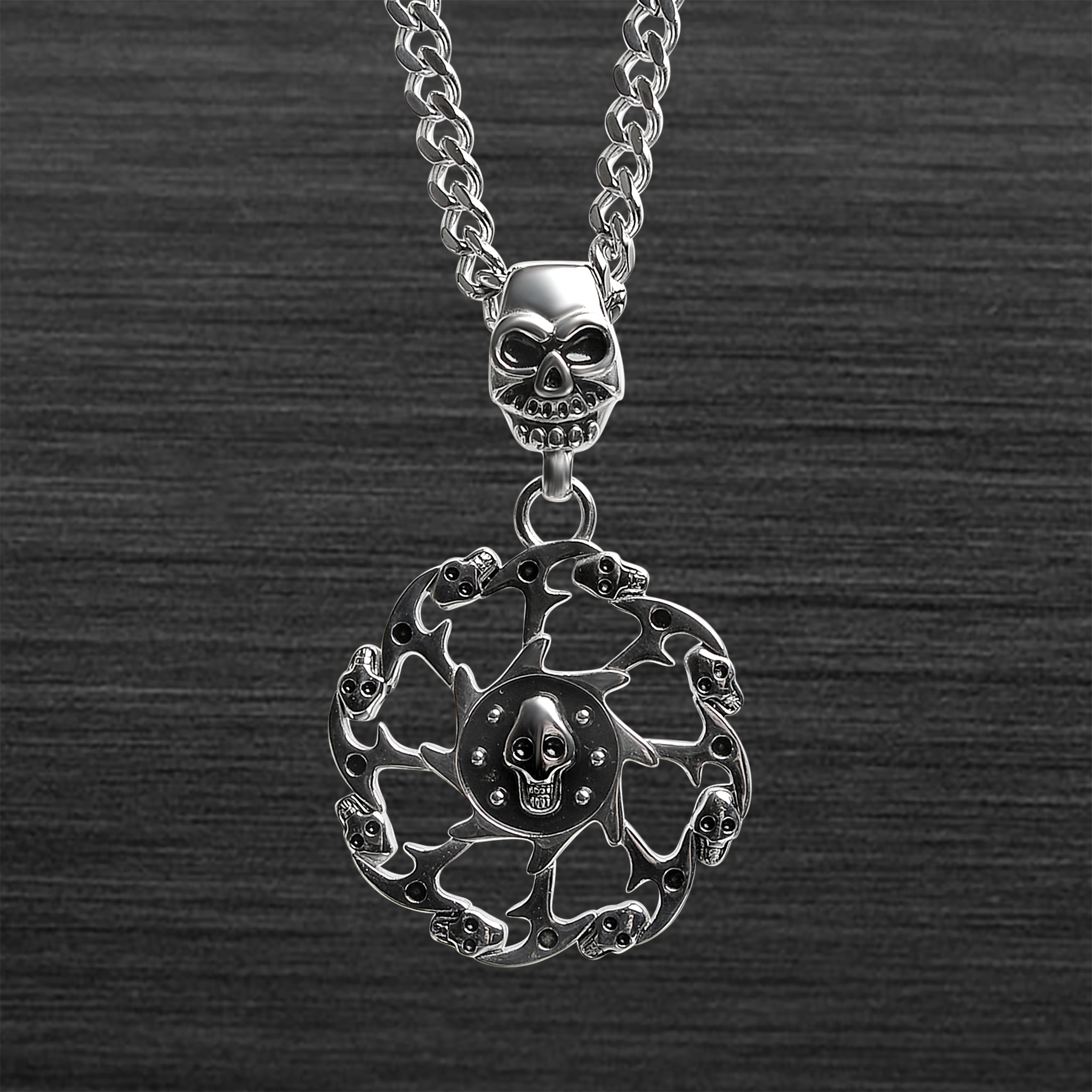 Stainless Steel SKULL Spiked Death Wheel Curb Chain Necklace / PDK0149-RTL