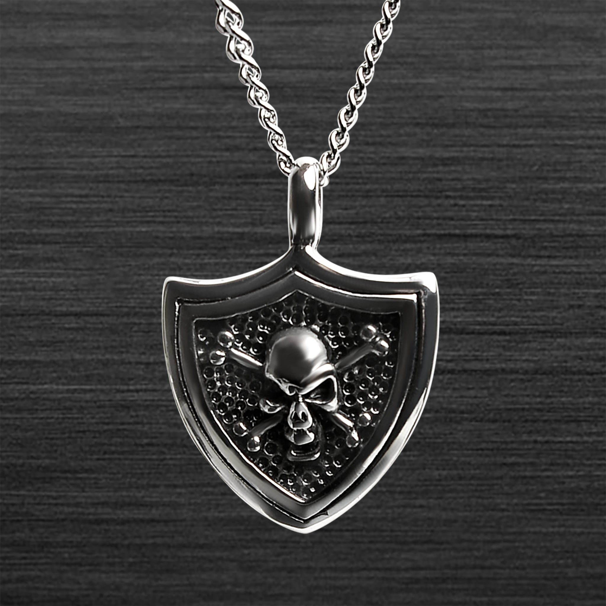 Stainless Steel SKULL And Crossbones Shield Curb Chain Necklace / PDK0150-RTL