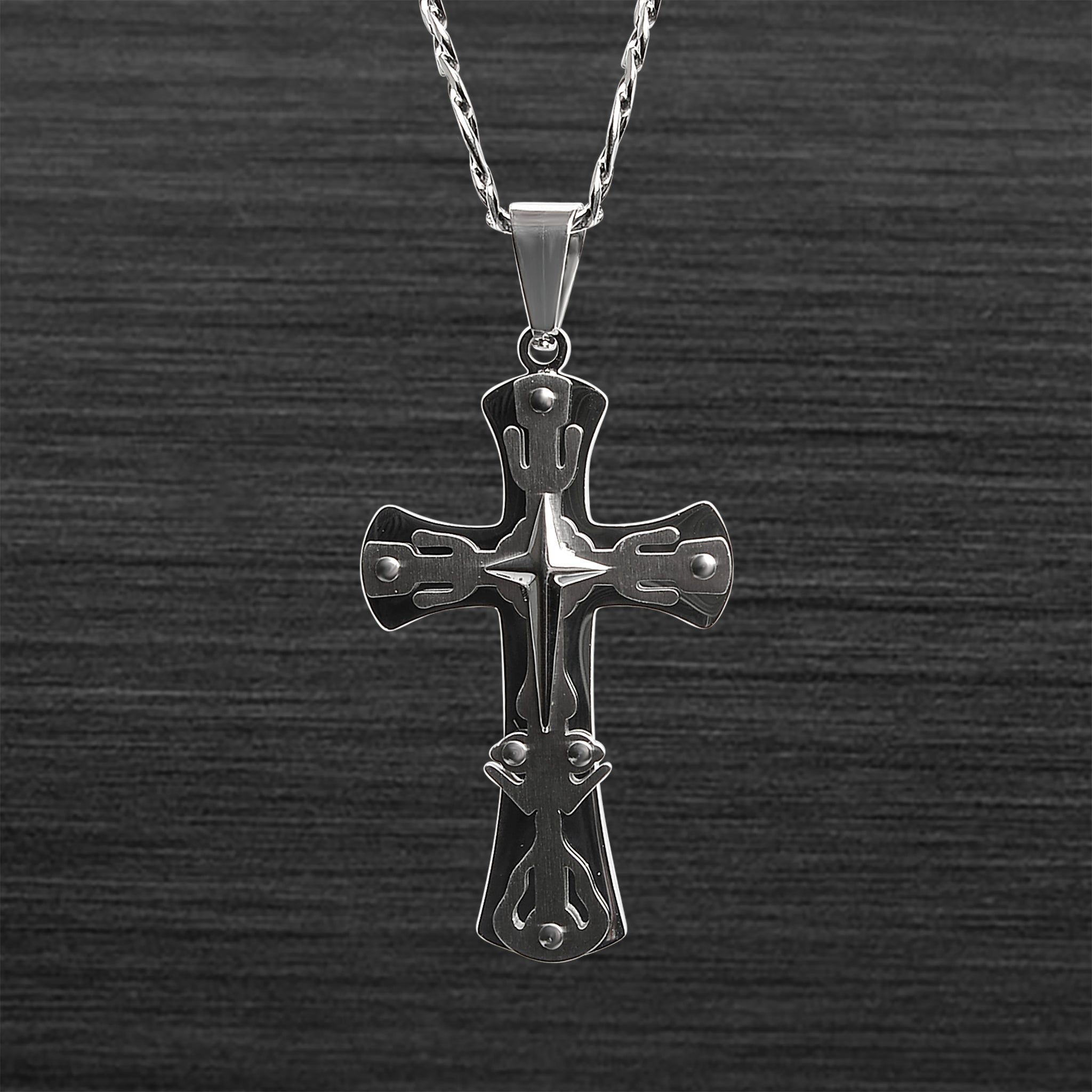 Stainless Steel Star Of Bethlehem Layered Cross Figaro Chain NECKLACE / PDK0218-RTL