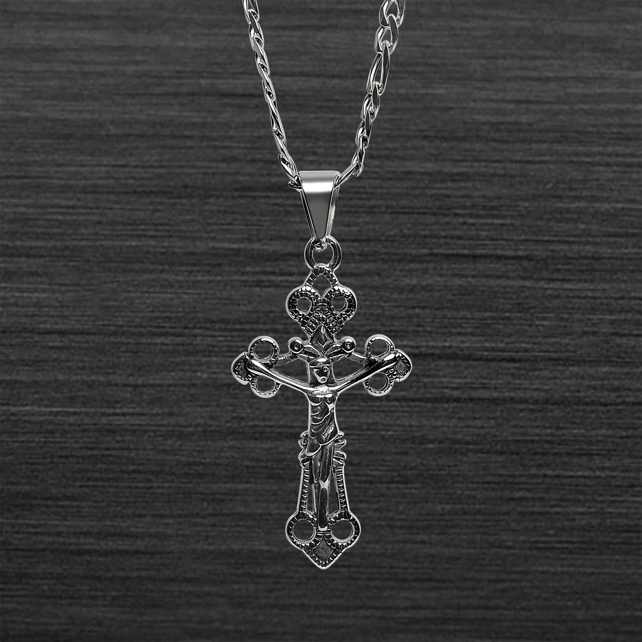Stainless Steel Cutout Crucifix Cross Figaro Chain NECKLACE / PDL2005-RTL