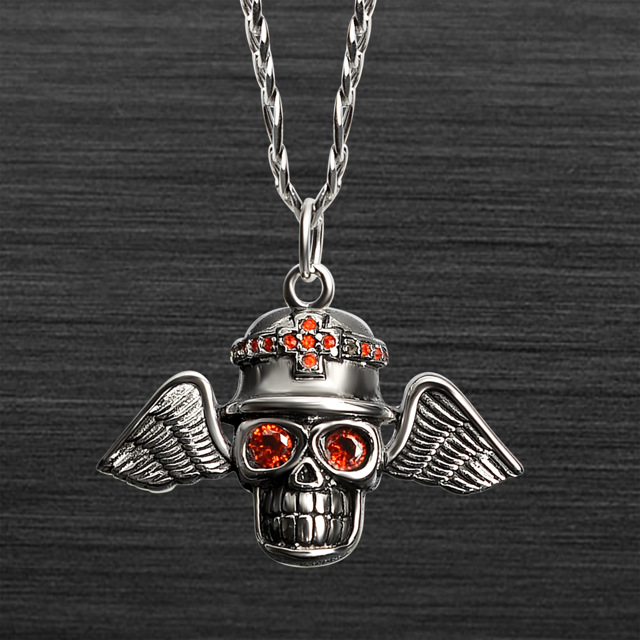 Stainless Steel Red CZ Eyed Skull With Wings Figaro Chain NECKLACE / PDL2013-RTL