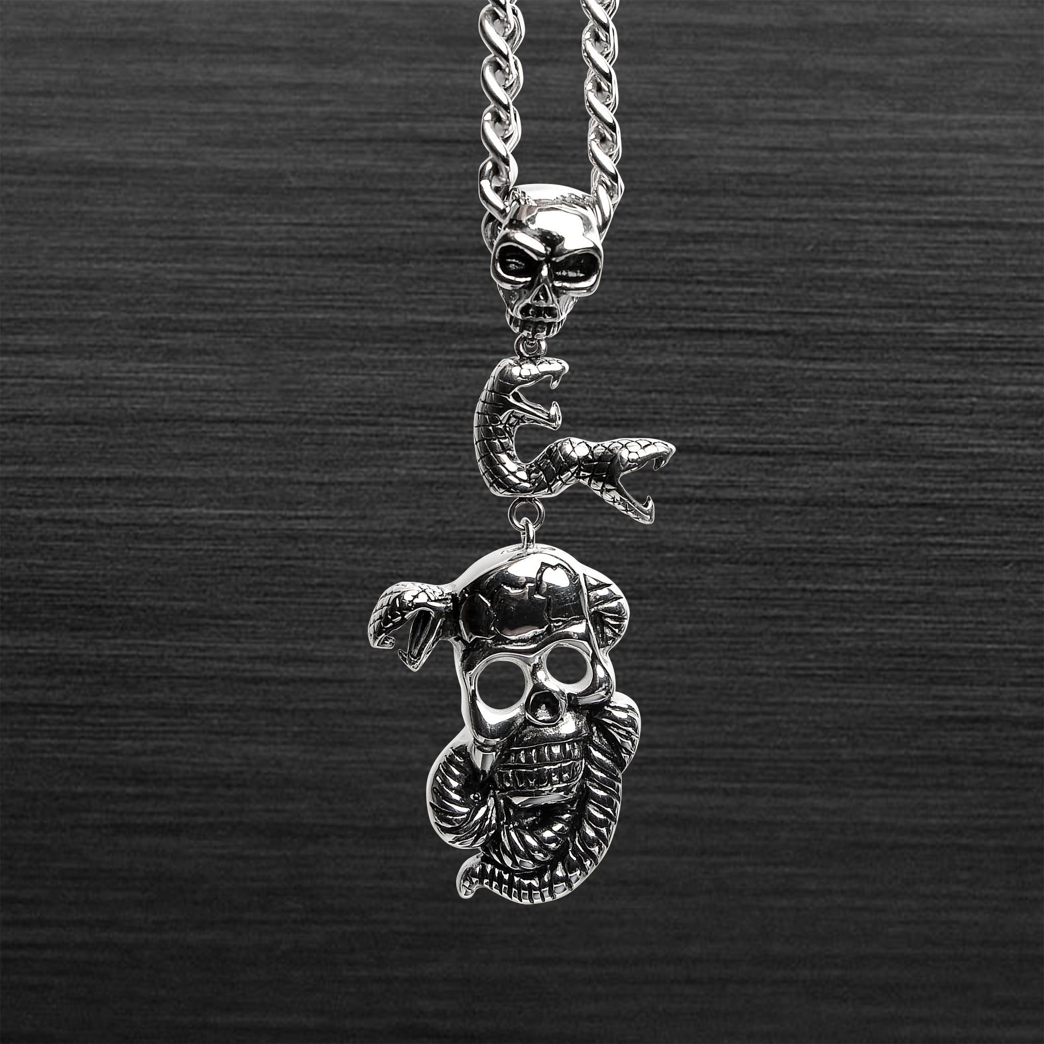 Stainless Steel Large SKULLs And Snakes Curb Chain Necklace / PDL2017-RTL