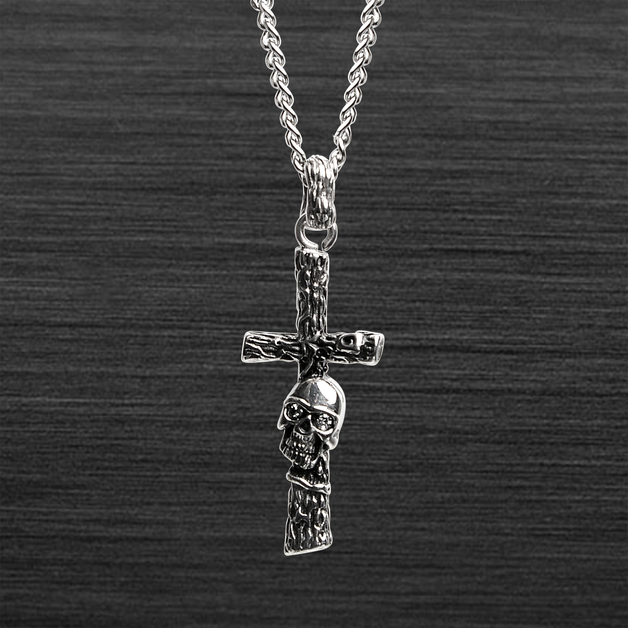 Stainless Steel Wood Texture SKULL Cross Curb Chain Necklace / PDL2018-RTL