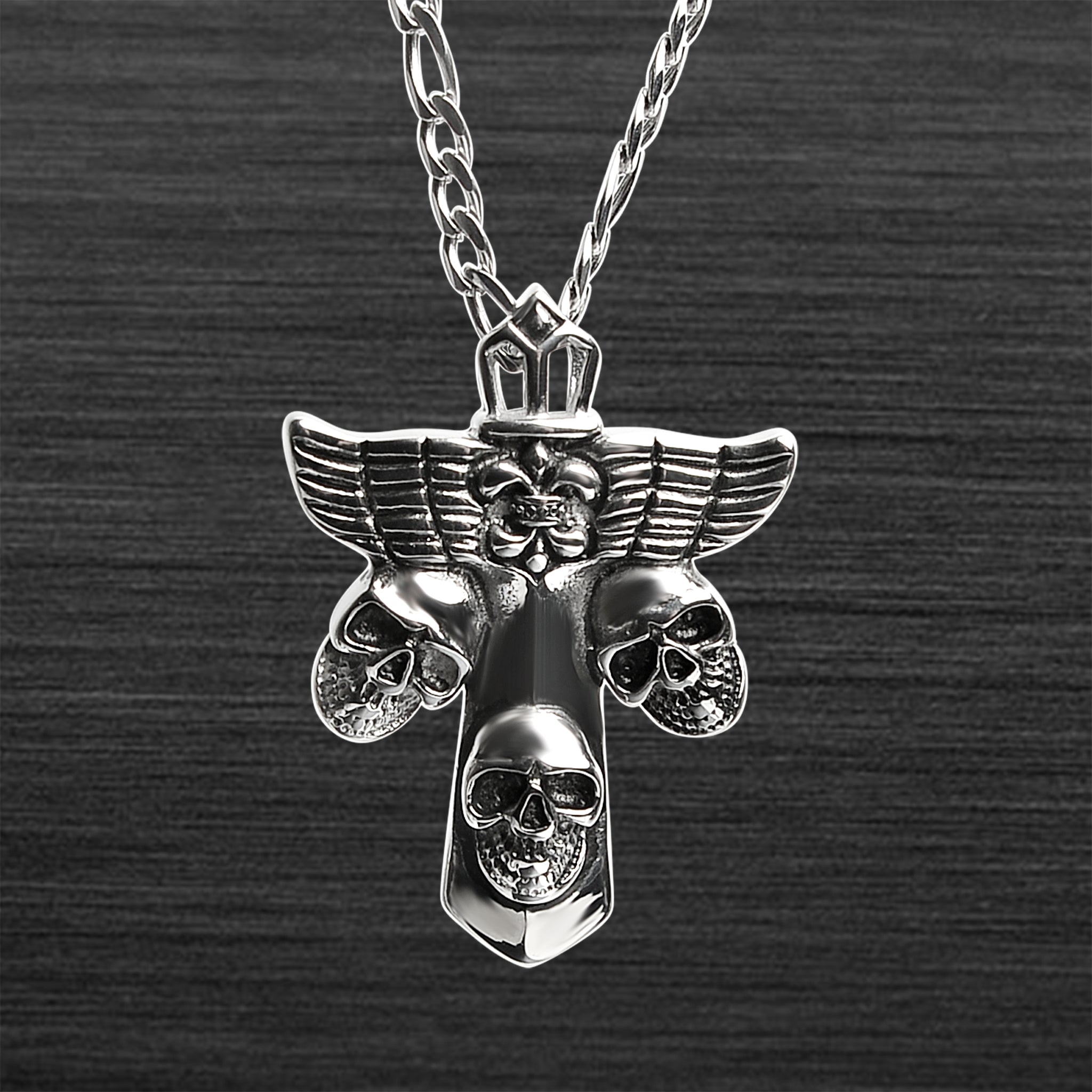 Stainless Steel Fleur De Lis Cross With SKULLs Figaro Chain Necklace / PDL2019-RTL