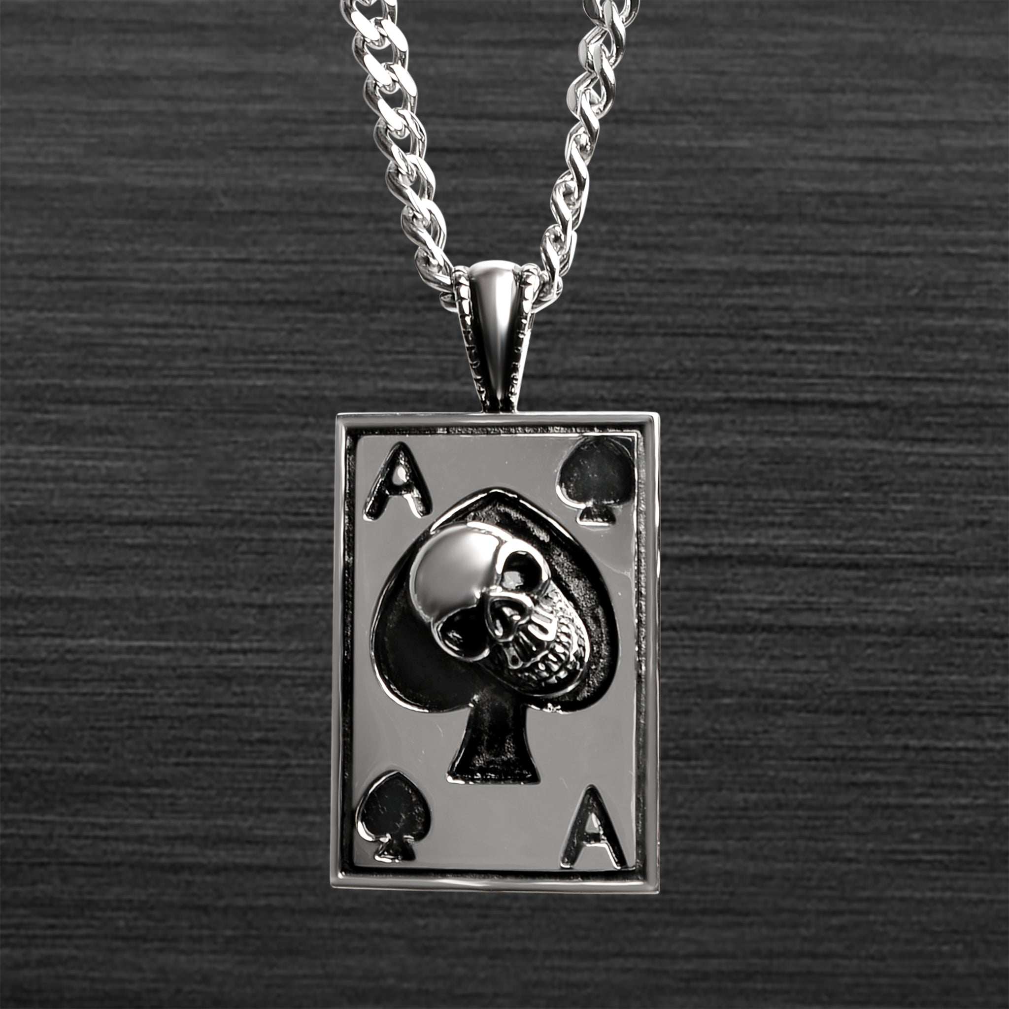 Stainless Steel Large Ace Of Spades With SKULL Center Curb Chain Necklace / PDL2020-RTL