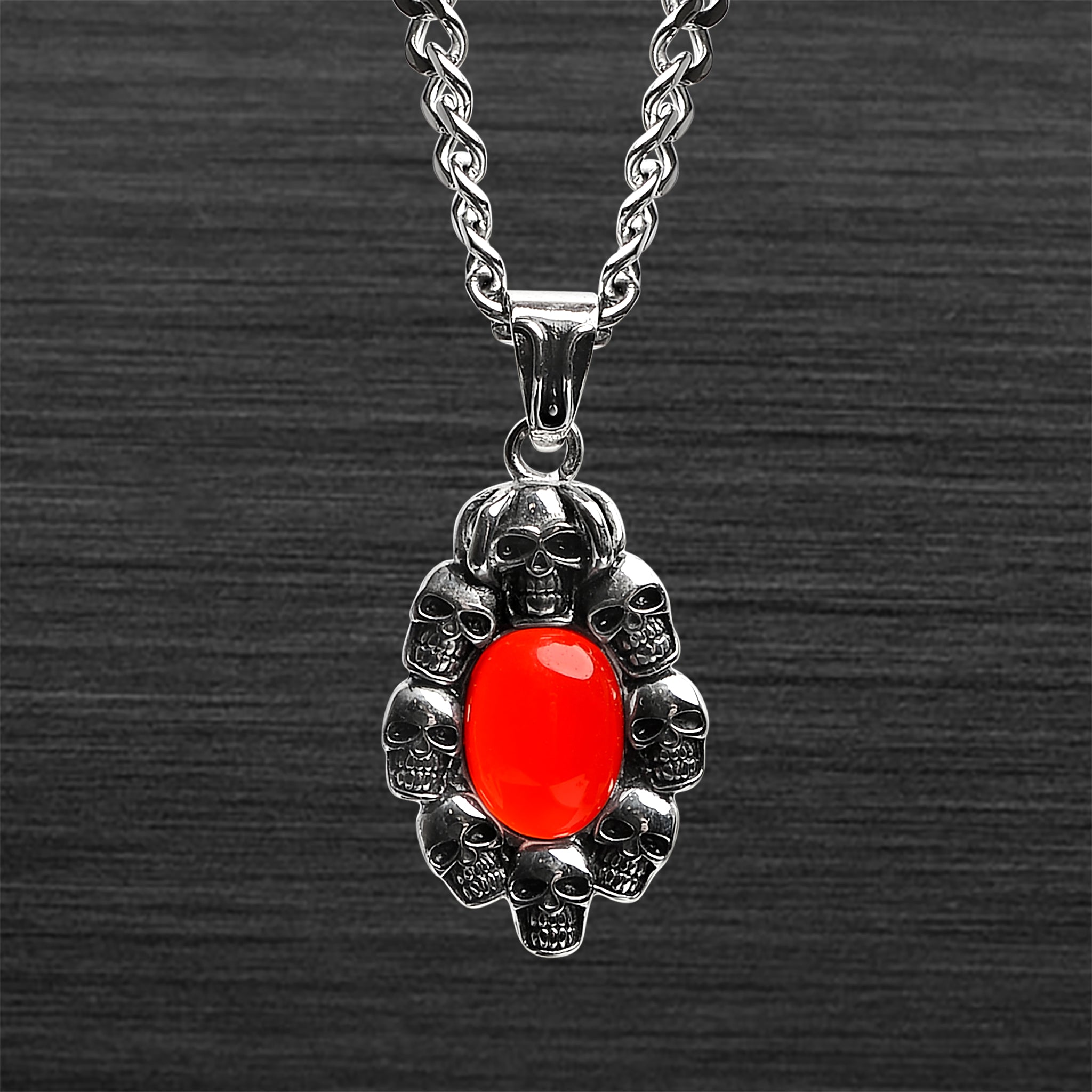 Stainless Steel Skulls With Red Glass Center Curb Chain NECKLACE / PDL2021-RTL