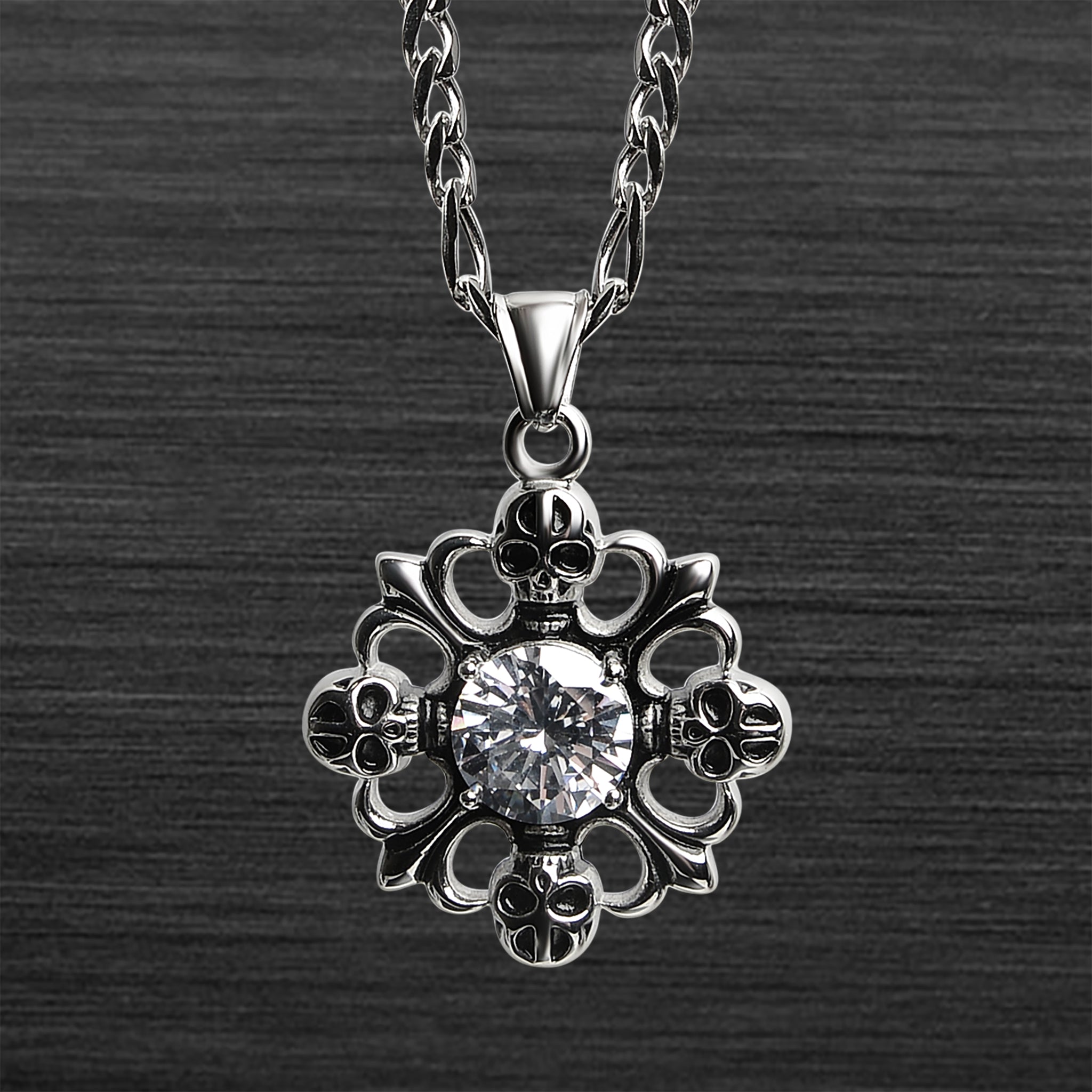 Stainless Steel Fleur De Lis And SKULLs With CZ Center Figaro Chain Necklace / PDL2022-RTL