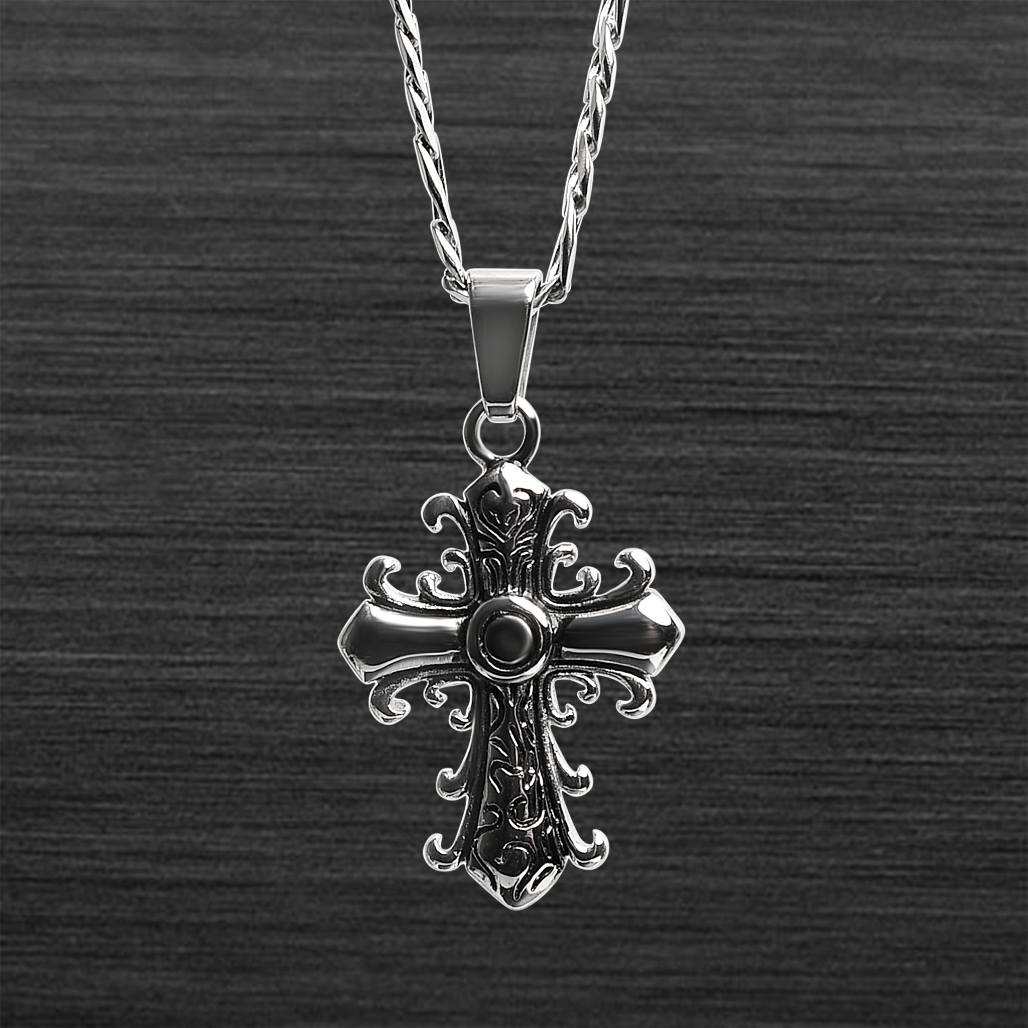 Stainless Steel Filigree Cross Figaro Chain NECKLACE / PDL2023-RTL