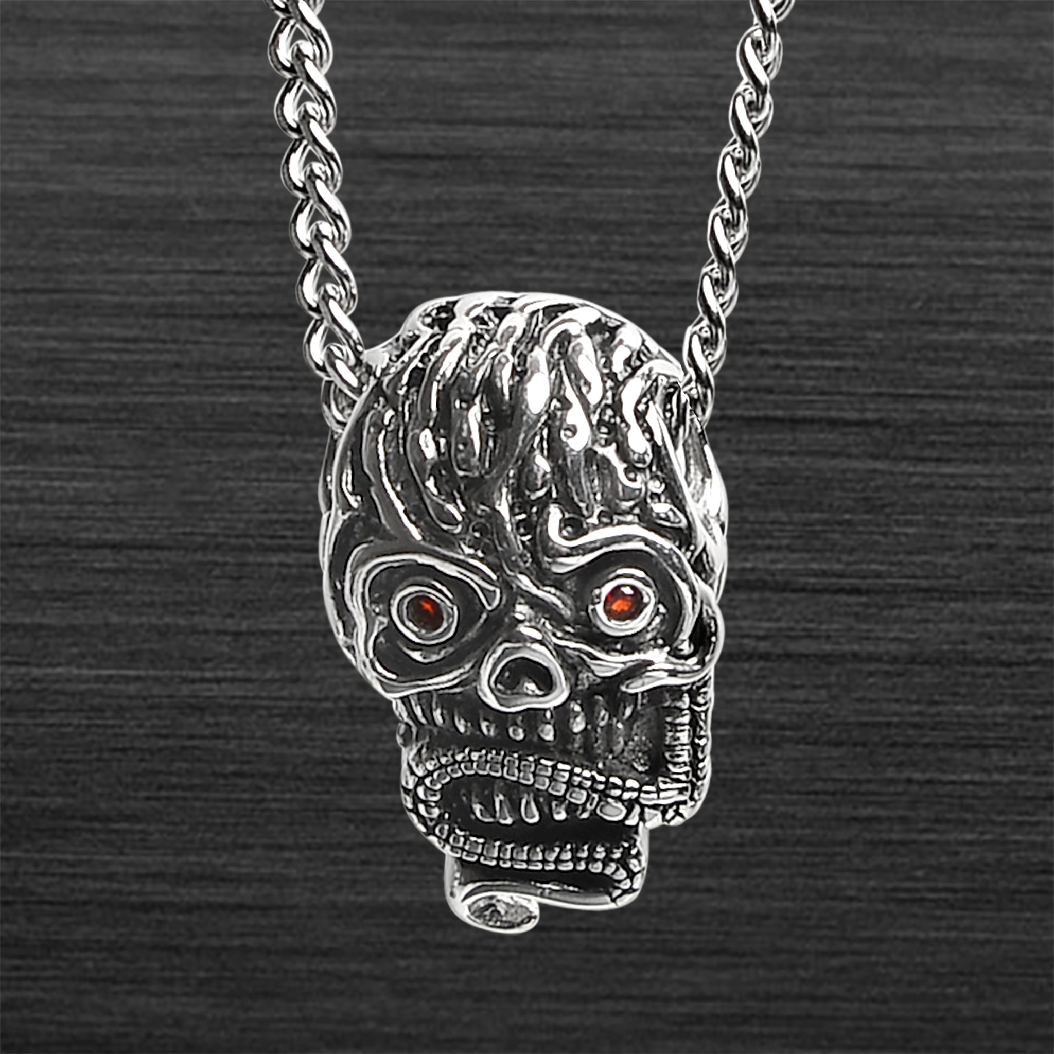 Stainless Steel Red CZ Eyed SKULL With Snake Curb Chain Necklace / PDL2024-RTL