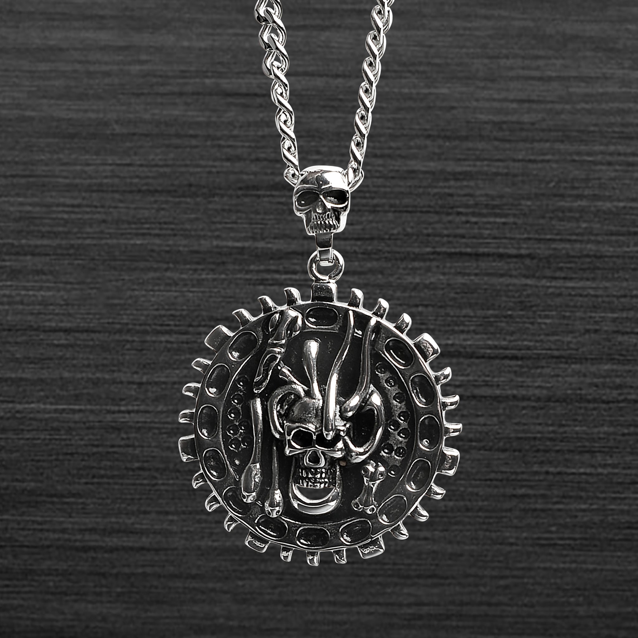 Stainless Steel Large Skull And SNAKEs Spike Shield Curb Chain Necklace / PDL2027-RTL