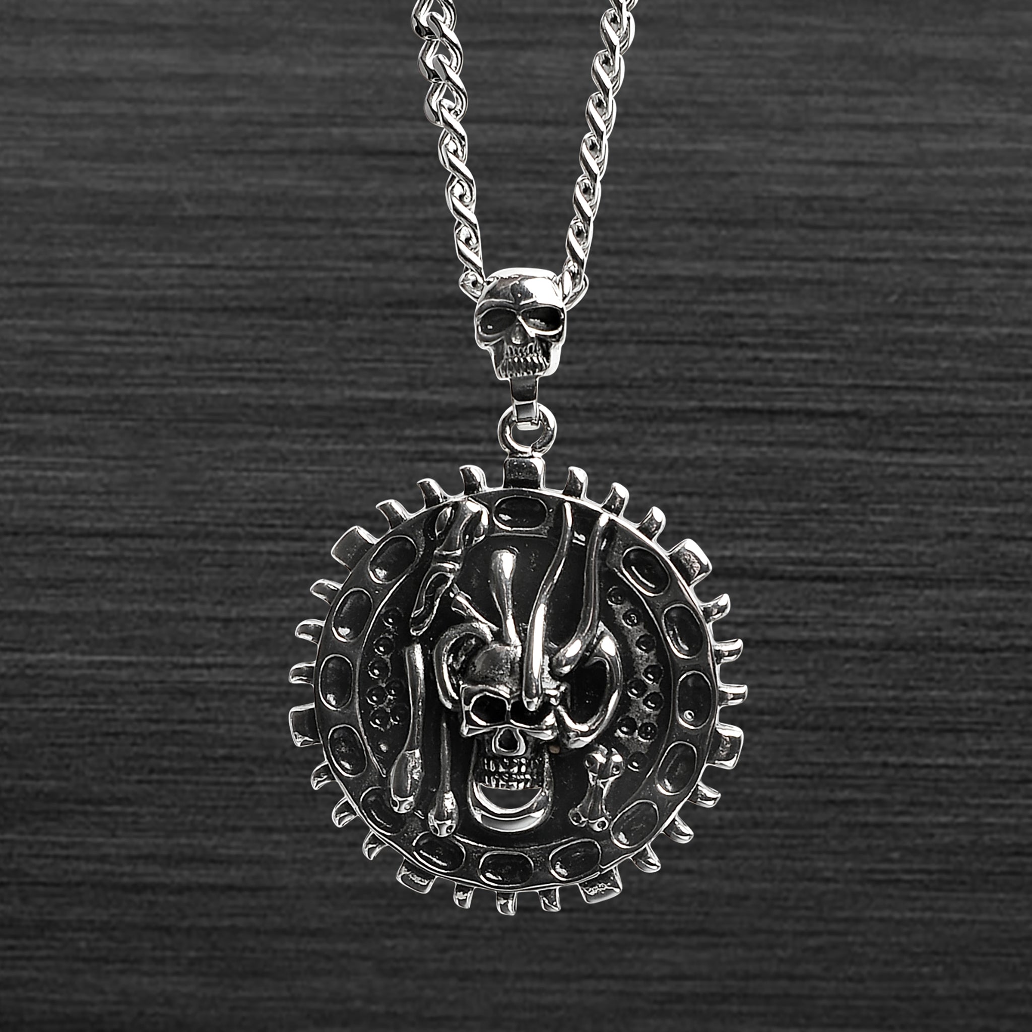 Stainless Steel Large SKULL And Snakes Spike Shield Curb Chain Necklace / PDL2027-RTL