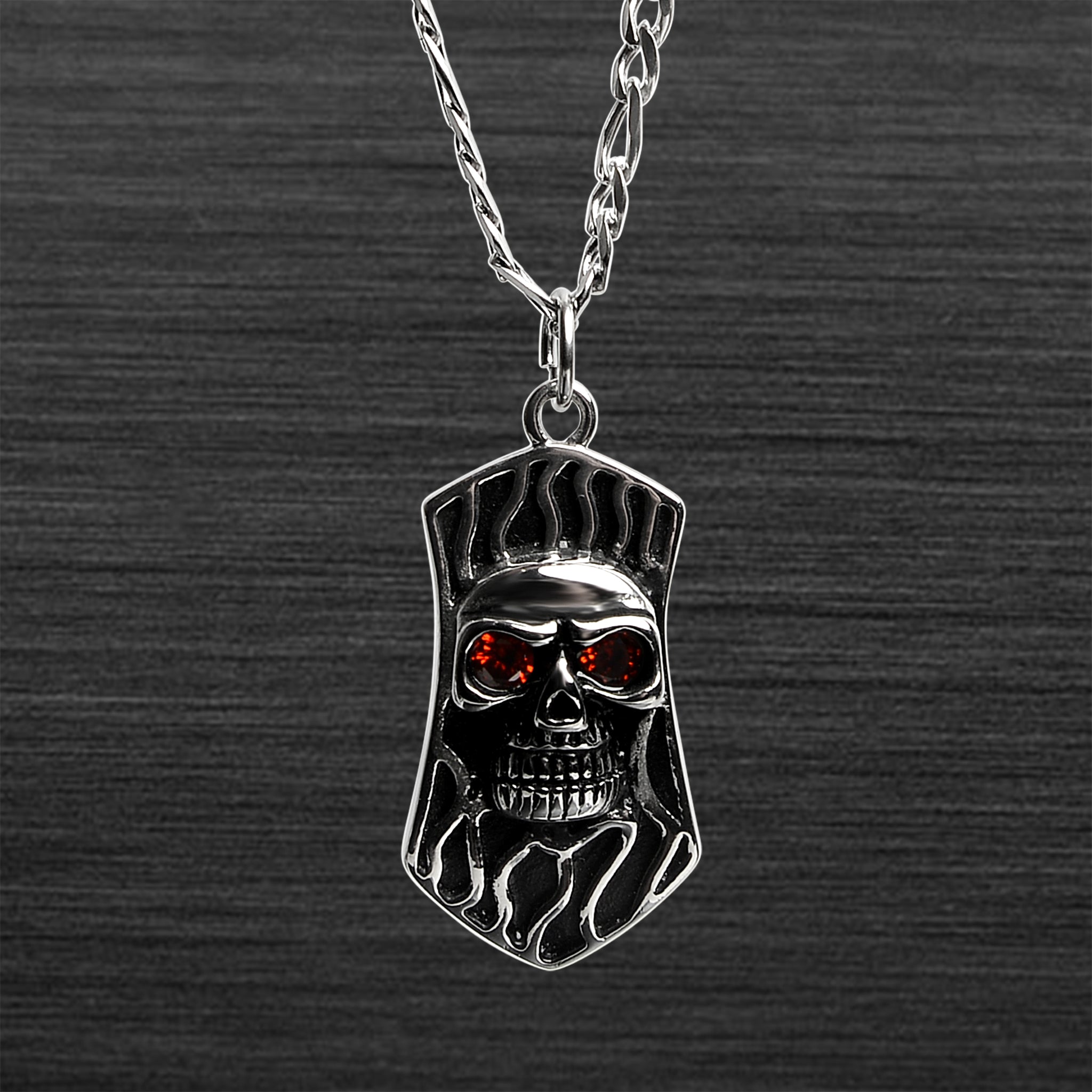 Stainless Steel Red CZ Eyed SKULL Shield Figaro Chain Necklace / PDL2029-RTL