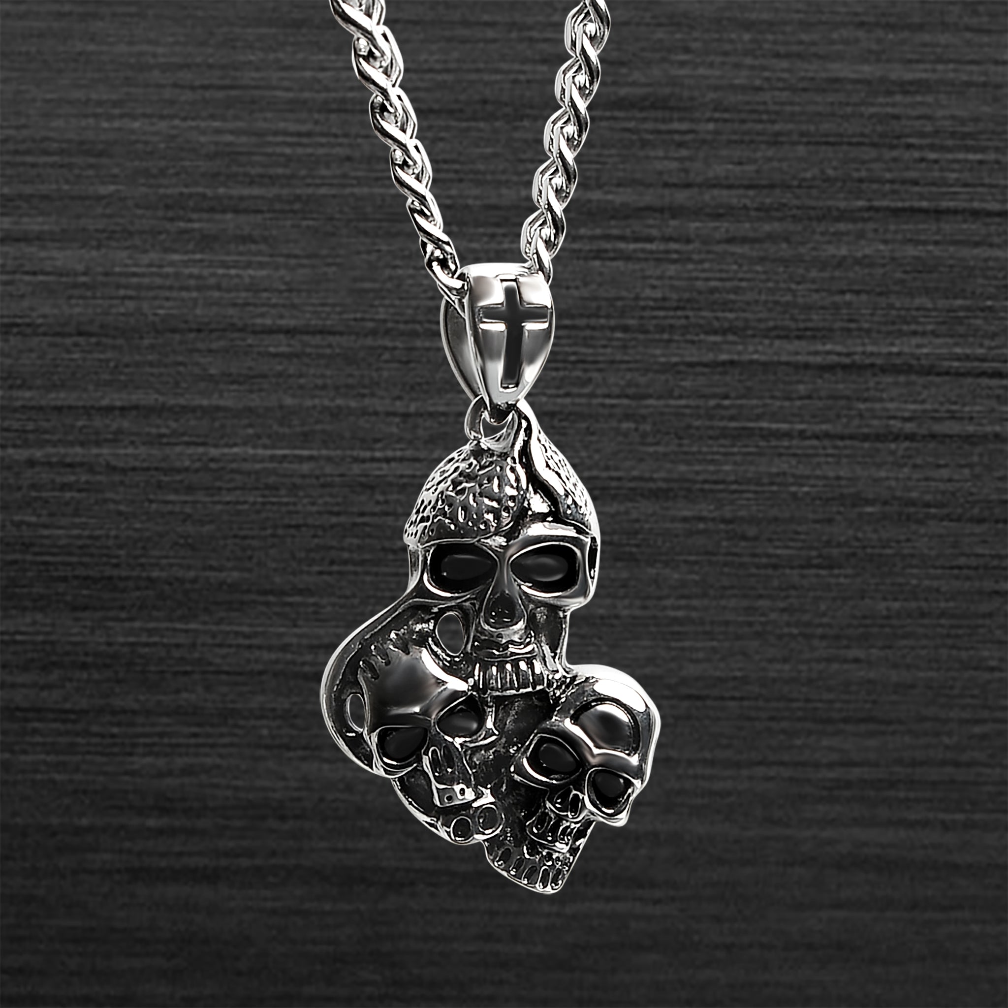 Stainless Steel Three SKULLs With Black Cross Curb Chain Necklace / PDL2030-RTL