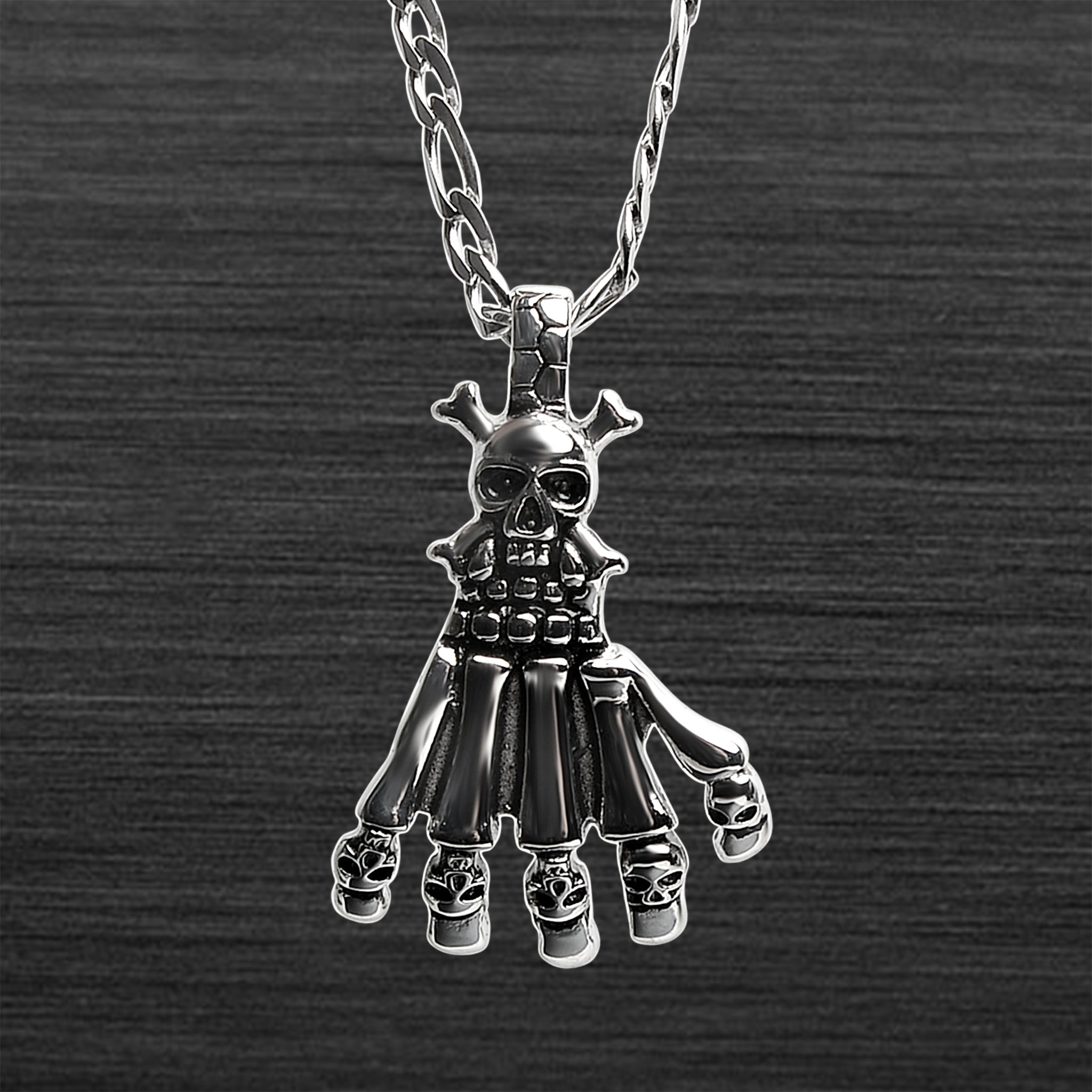 Stainless Steel Skull Skeleton Hand Figaro Chain NECKLACE / PDL2031-RTL