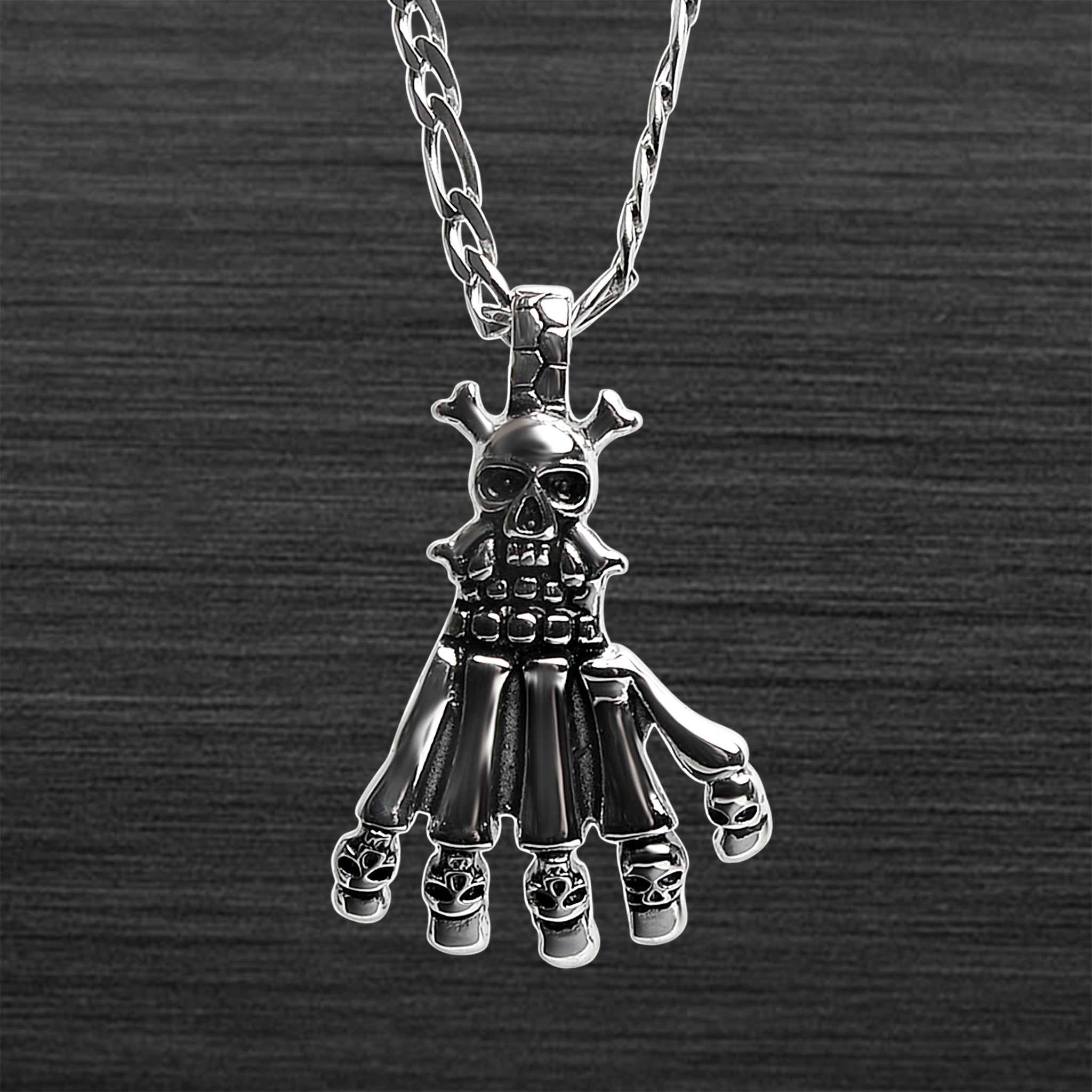 Stainless Steel SKULL Skeleton Hand Figaro Chain Necklace / PDL2031-RTL