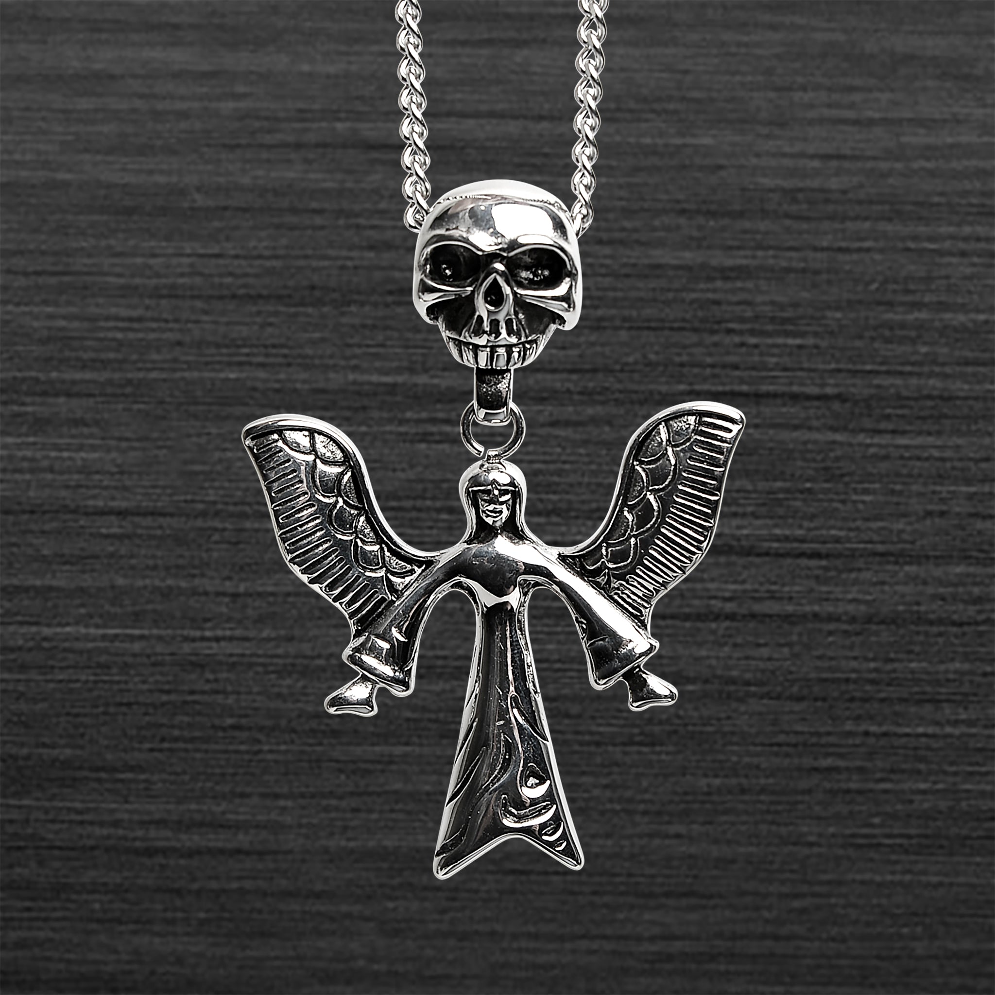 Stainless Steel Large Angel Of Death And Skull Curb Chain NECKLACE / PDL2032-RTL