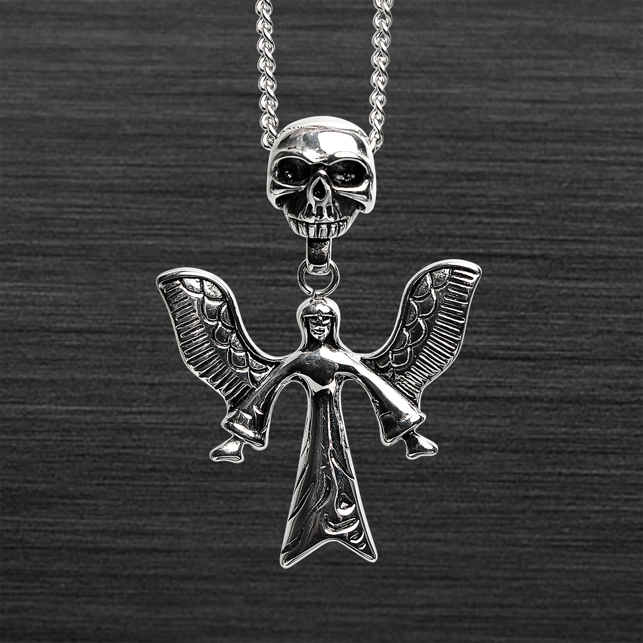 Stainless Steel Large Angel Of Death And SKULL Curb Chain Necklace / PDL2032-RTL