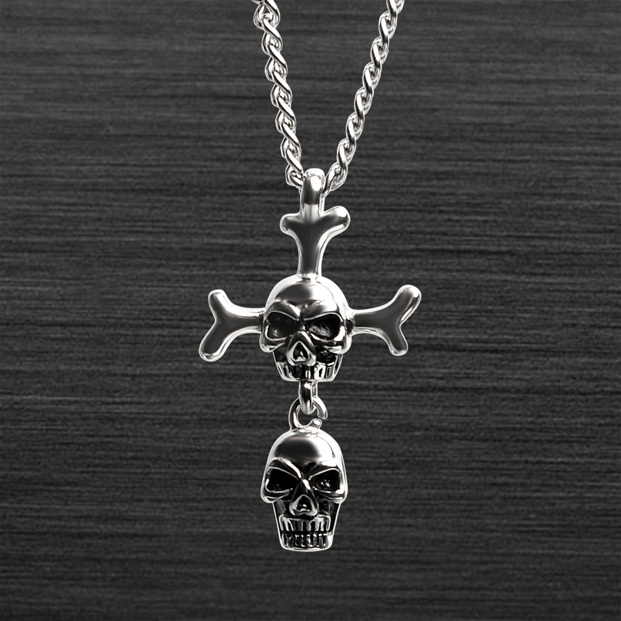 Stainless Steel Double Skull And Bones Figaro Chain NECKLACE / PDL2037-RTL