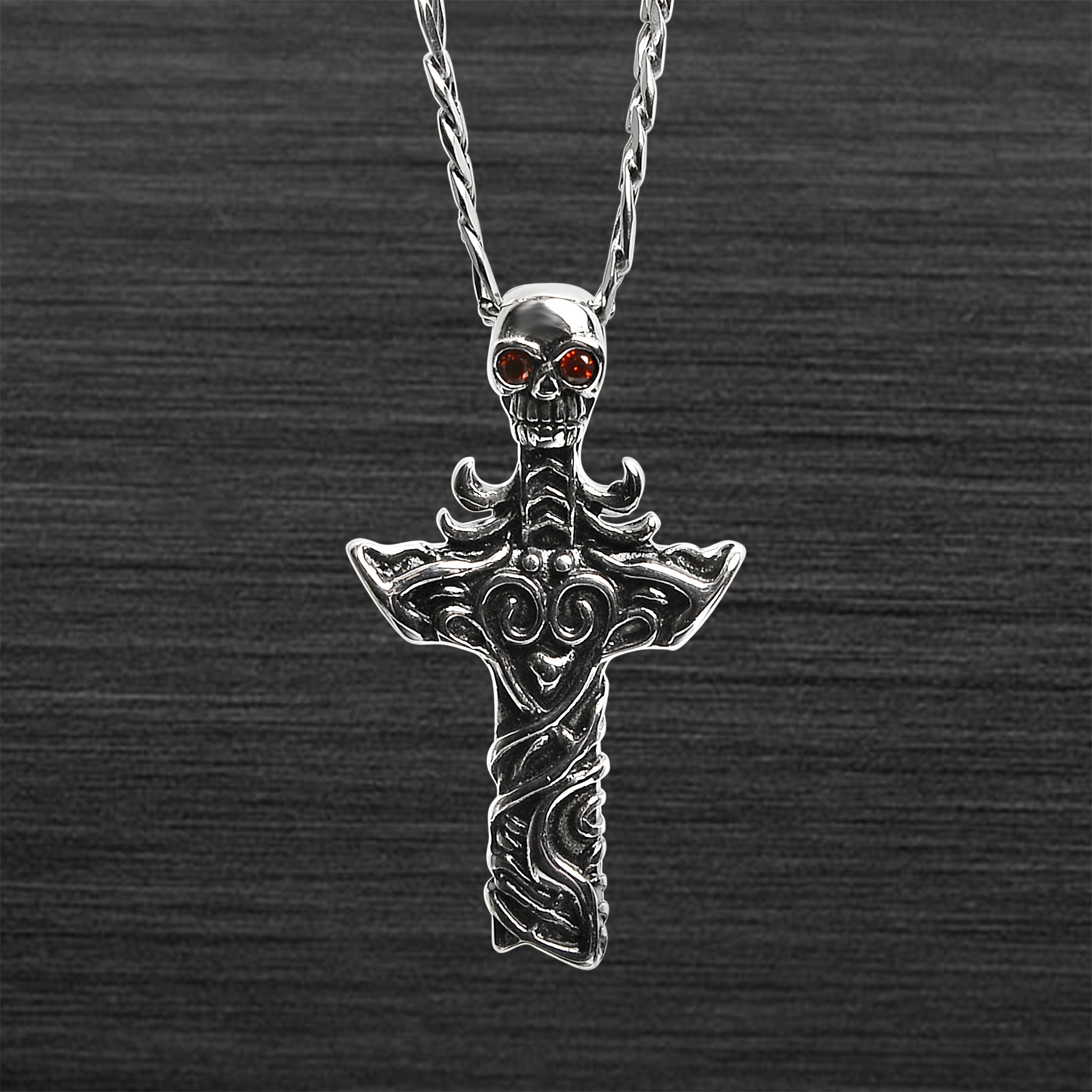 Stainless Steel Red CZ Eyed SKULL Cross Figaro Chain Necklace / PDL2038-RTL