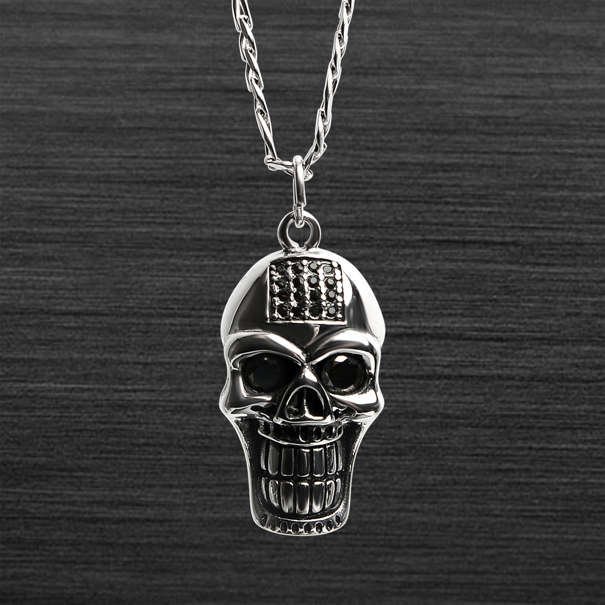 Stainless Steel Grinning SKULL With Black CZ Stones Figaro Chain Necklace / PDL2039-RTL