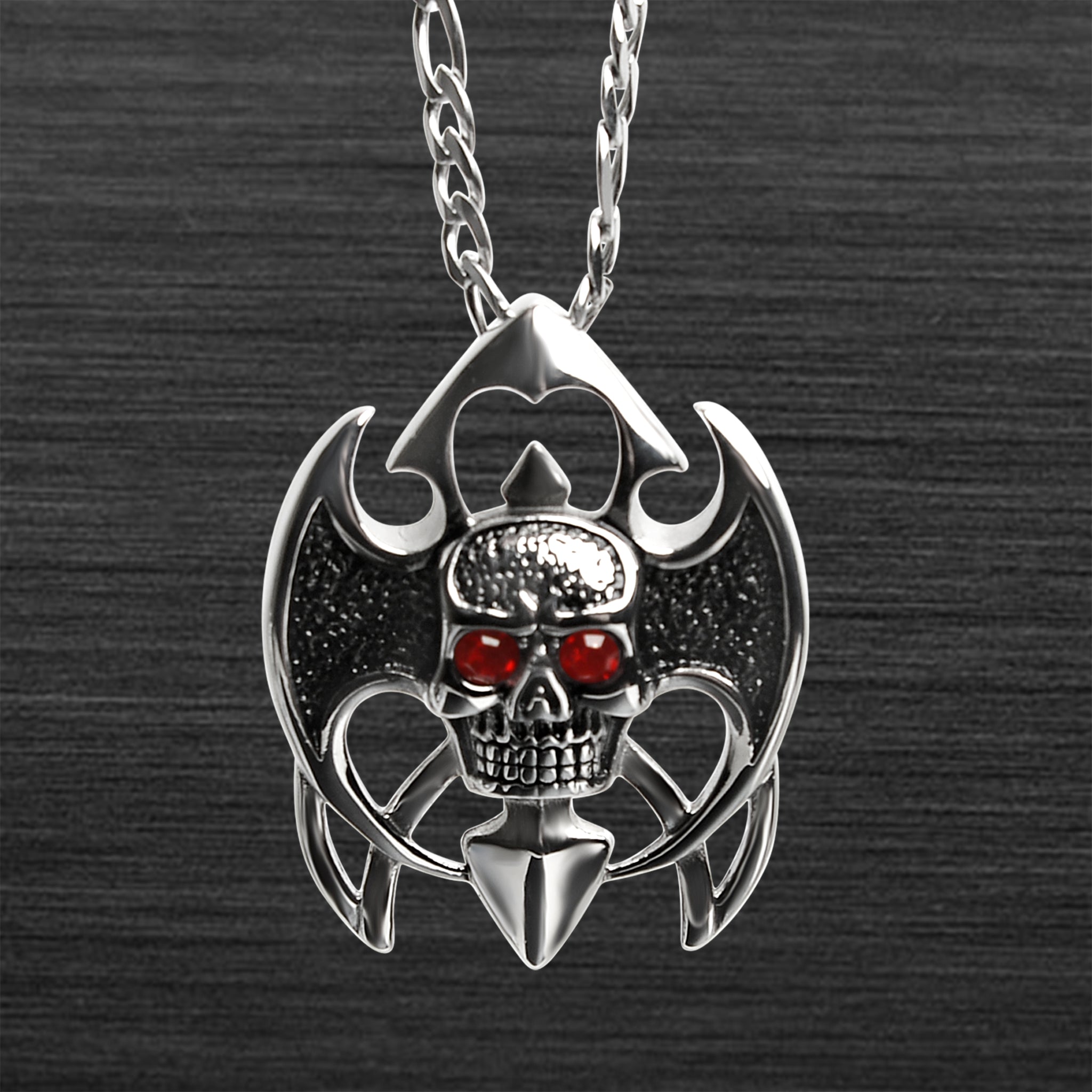 Stainless Steel Tribal Red CZ Eyed SKULL Figaro Chain Necklace / PDL2040-RTL