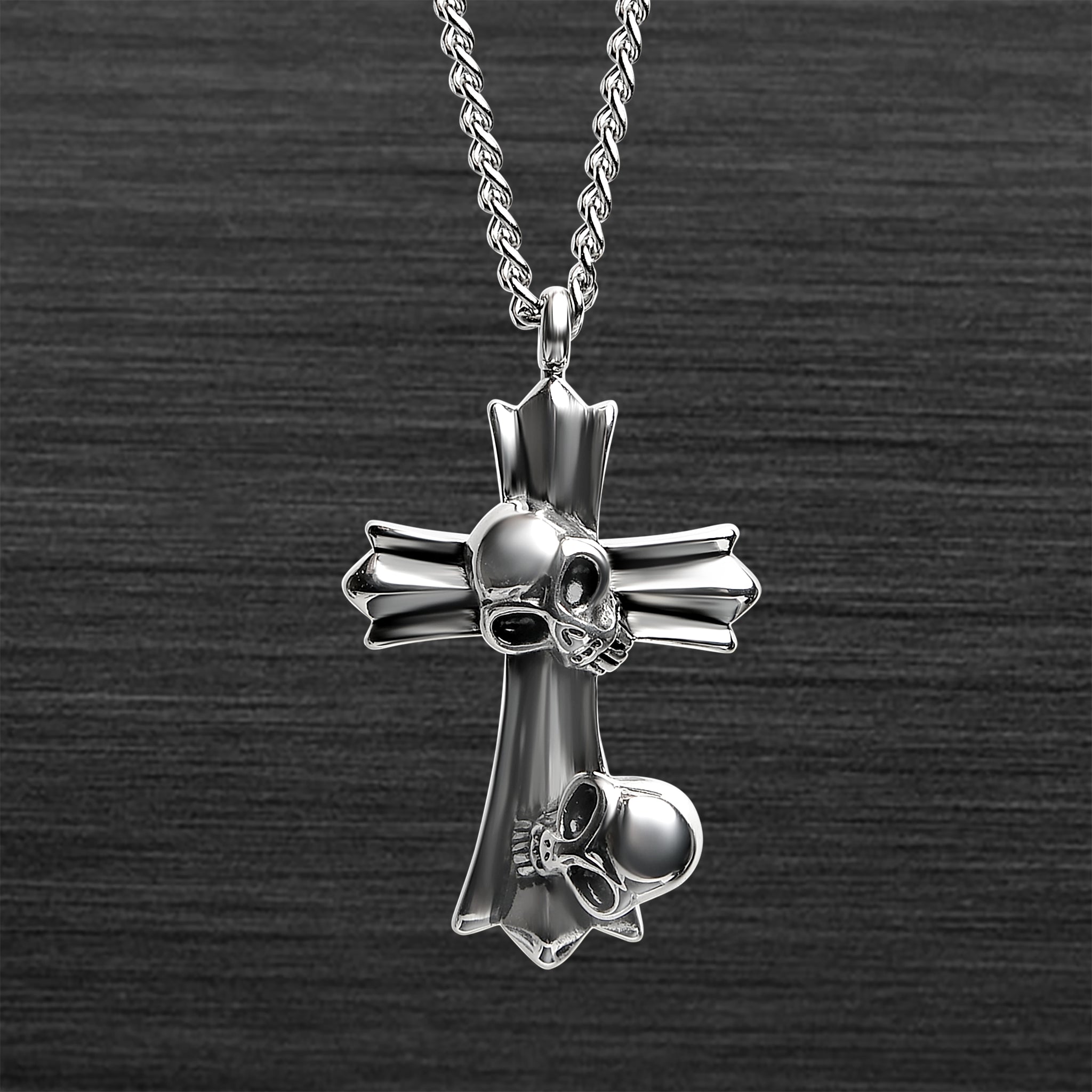 Stainless Steel Double SKULL Cross Curb Chain Necklace / PDL2041-RTL