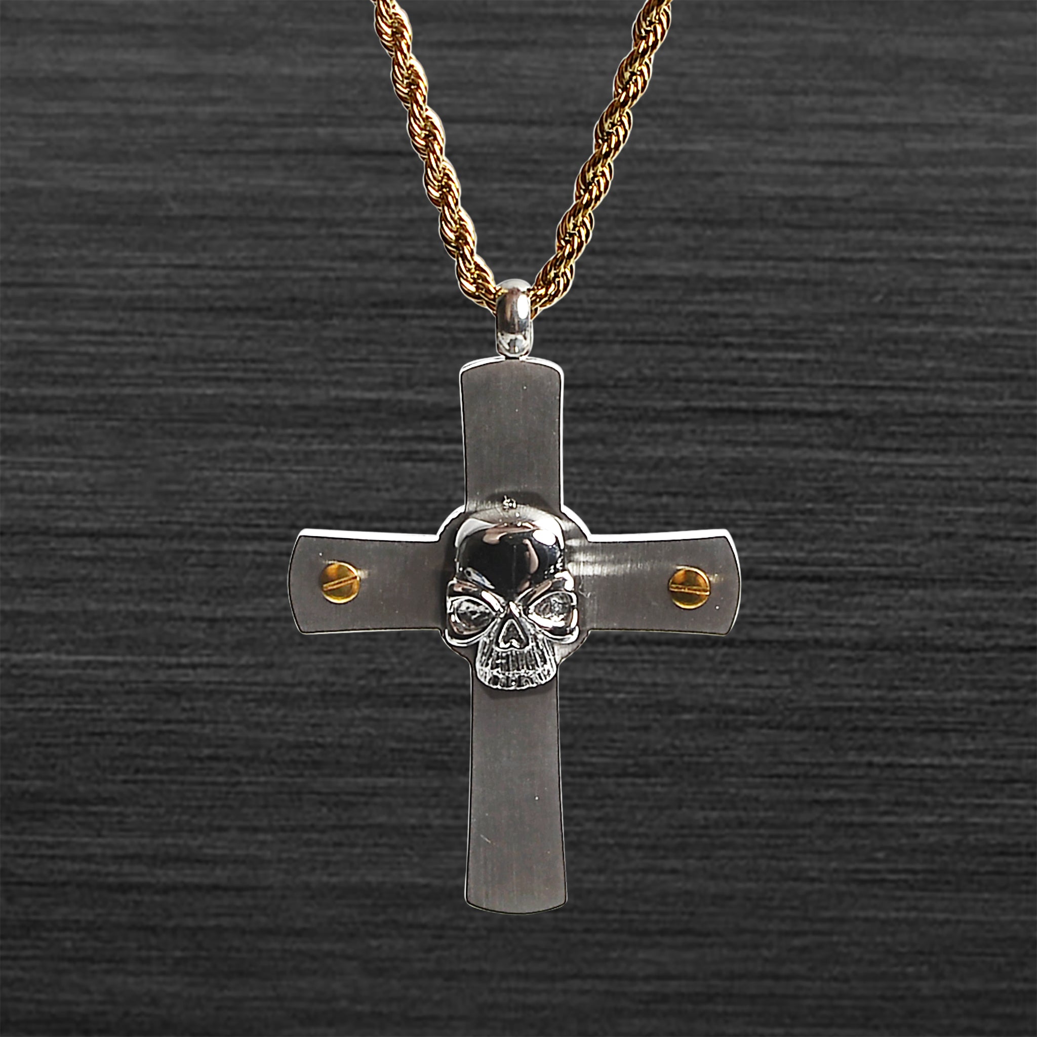 Stainless Steel Large Skull Cross With 18K Gold Plated Nails Rope Chain NECKLACE / PDL2042-RTL