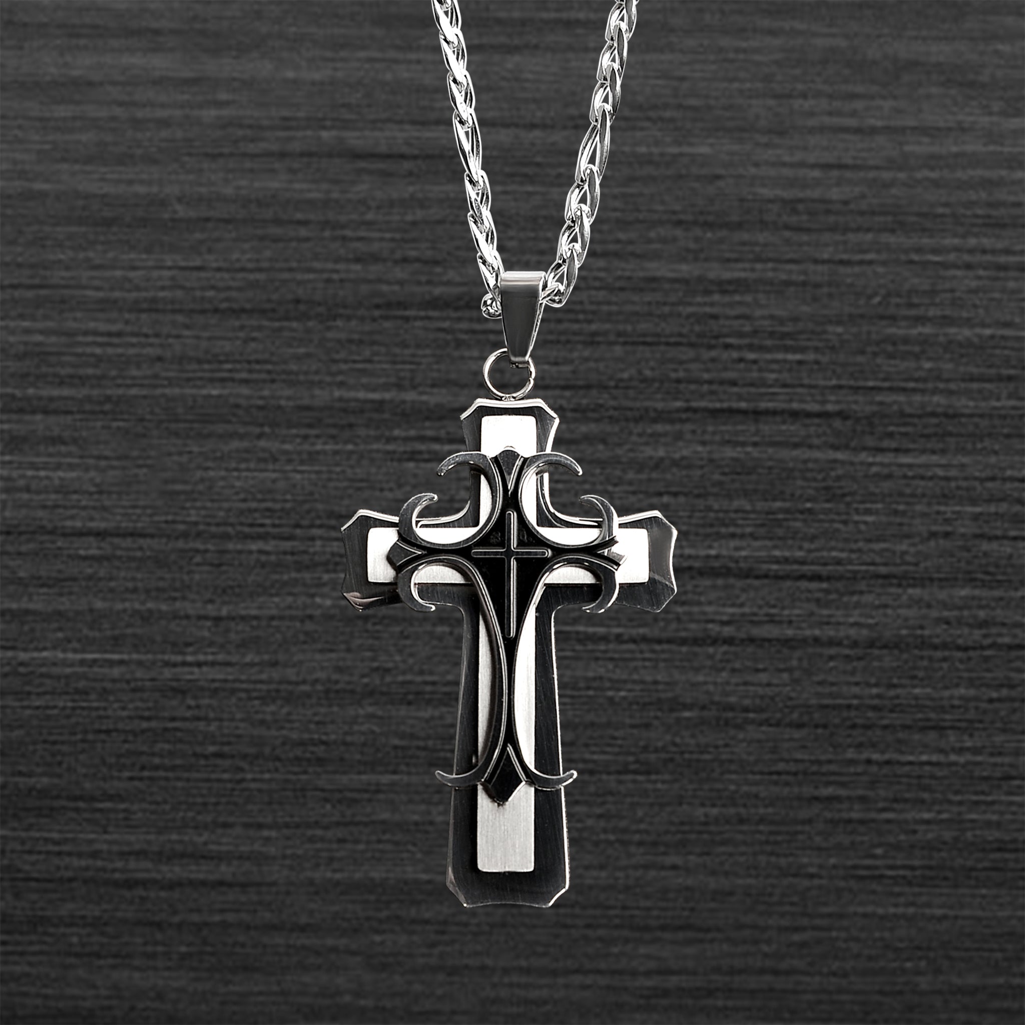 Stainless Steel And Black Layered Cross Figaro Chain NECKLACE / PDL9003-RTL