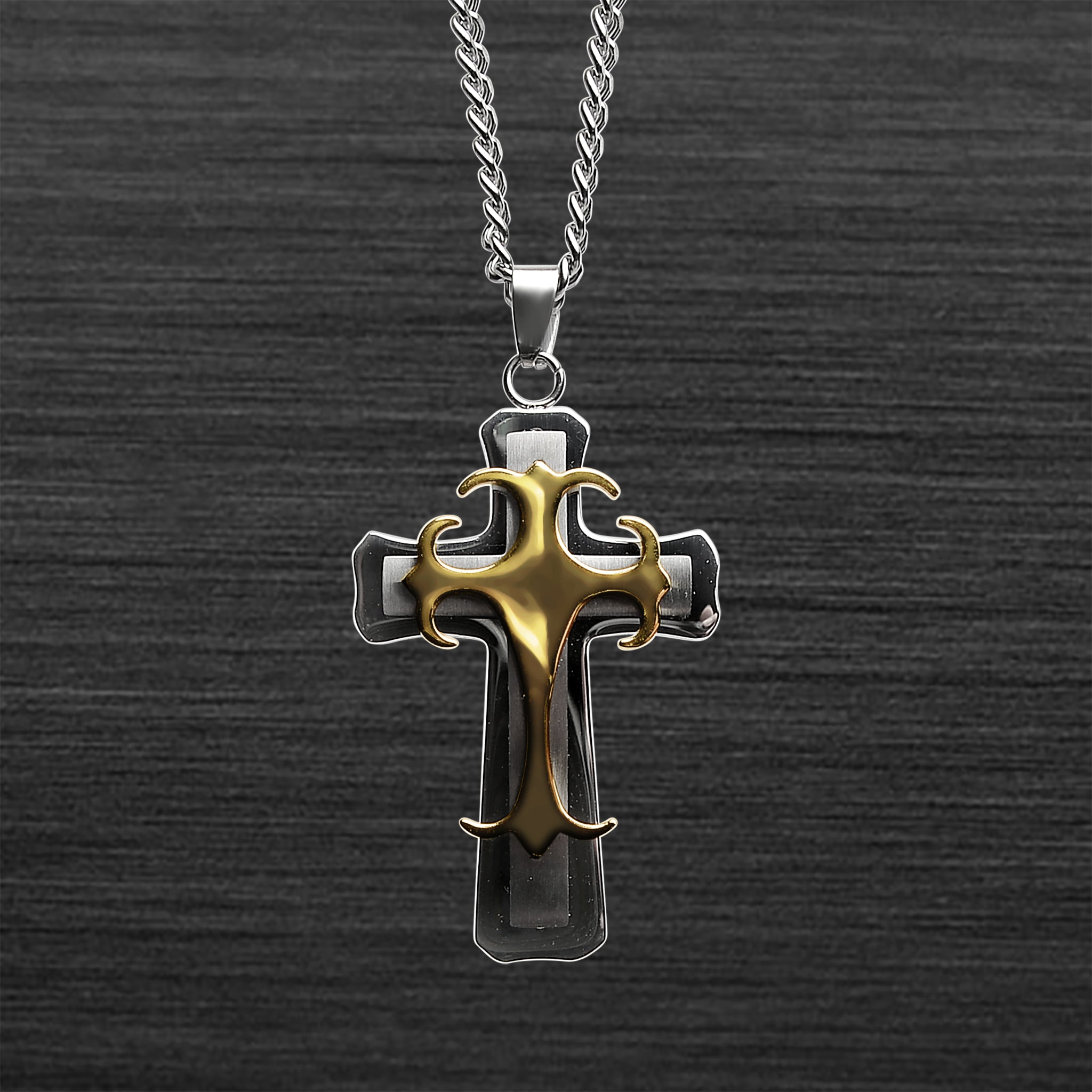 Stainless Steel And 18K GOLD Plated Triple Layer Cross Curb Chain Necklace / PDL9004-RTL