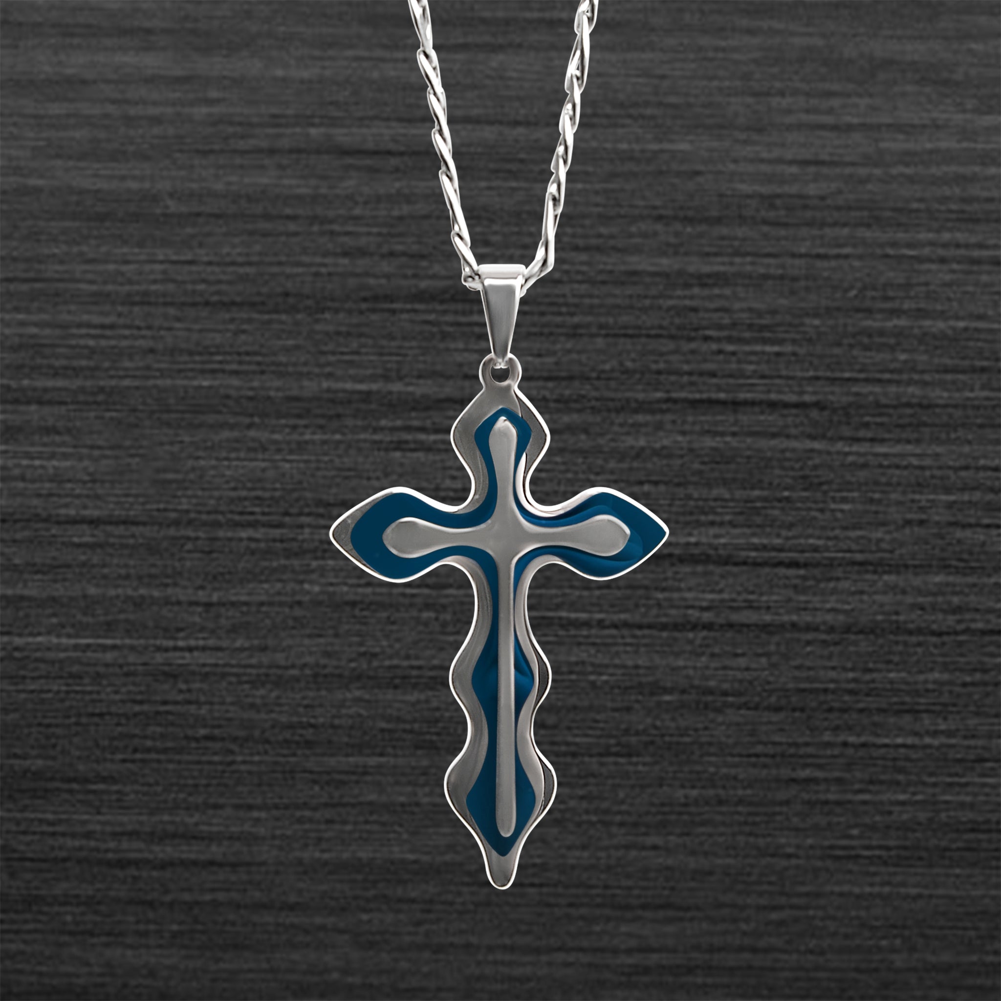 Stainless Steel And Blue Triple Layer Cross Figaro Chain NECKLACE / PDL9013-RTL