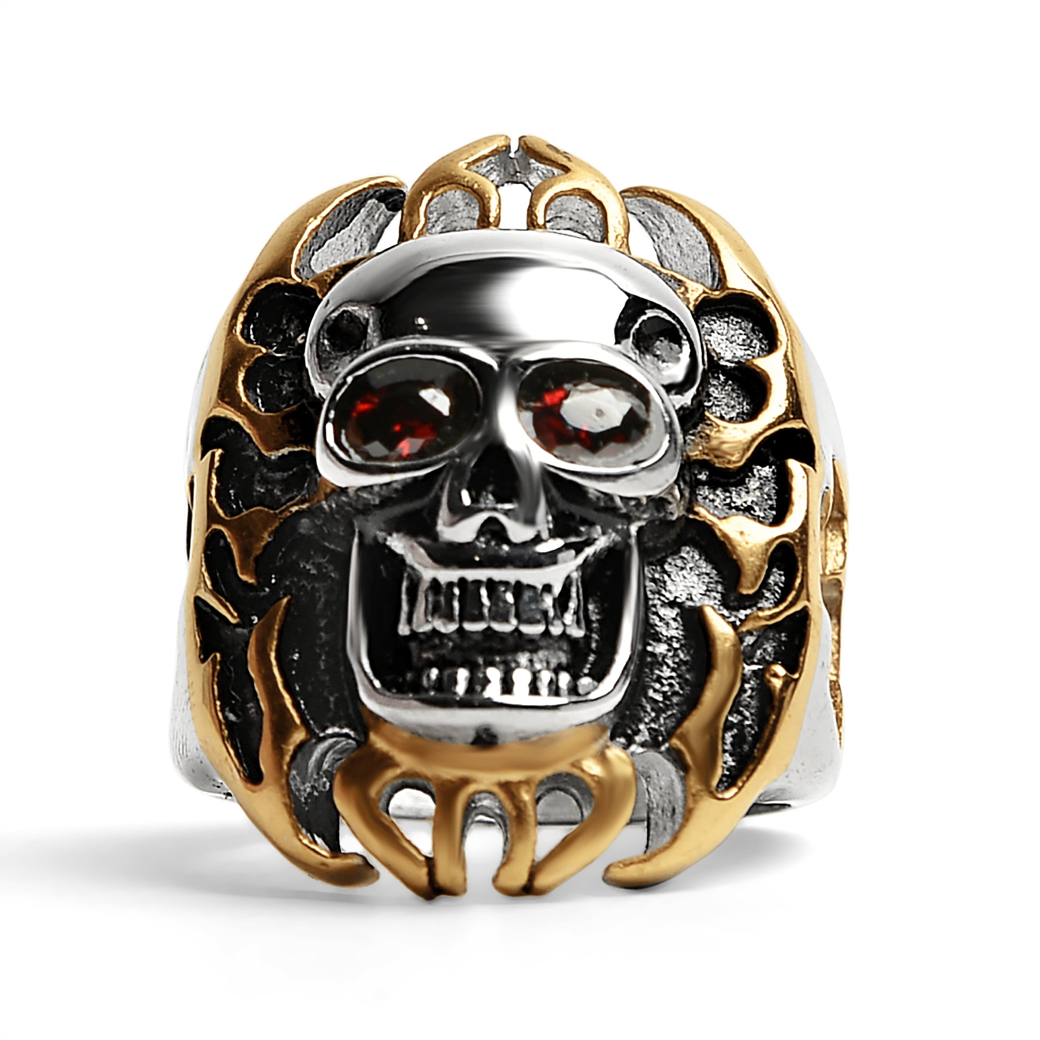 Stainless Steel Red CZ Eyed Flaming Skull With 18K GOLD Plated Accents Ring / SCR0250