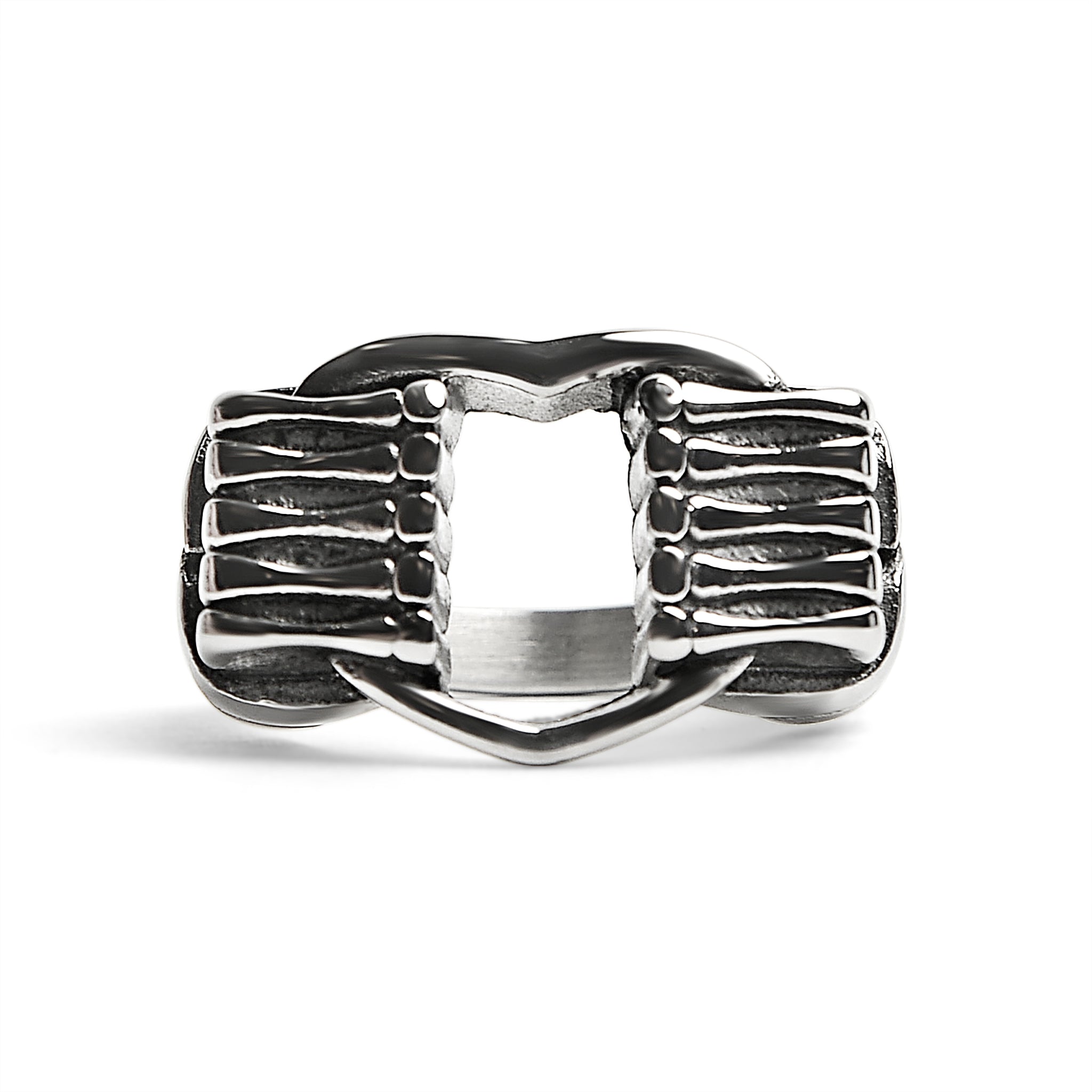 Stainless Steel Polished Heart Gripped By Bone Hands RING / SCR1002