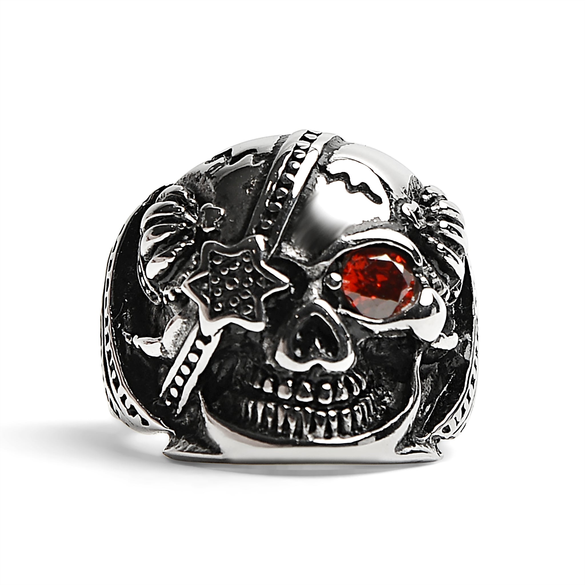 Stainless Steel SKULL With Red CZ Eye and Eyepatch Ring / SCR2001