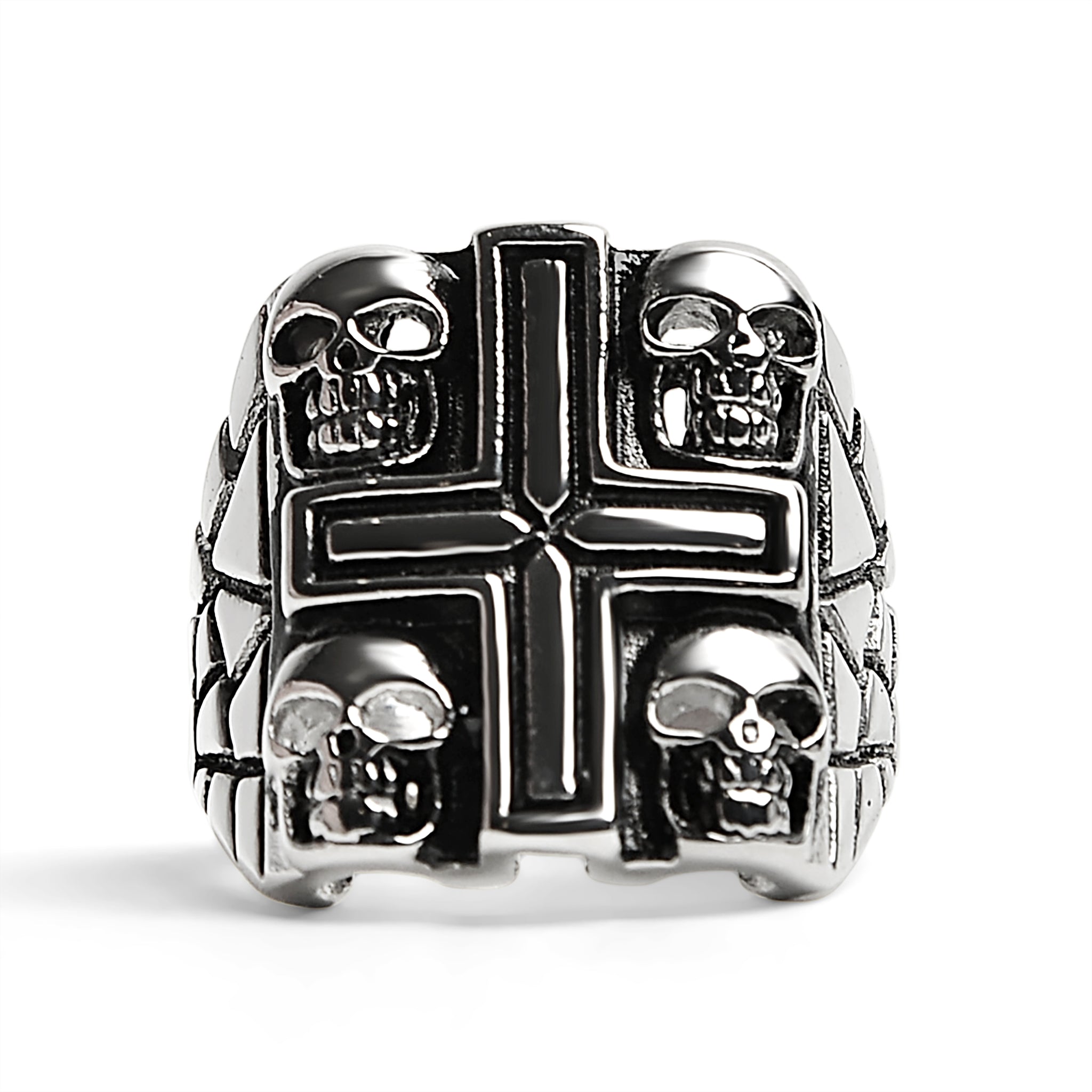 Stainless Steel Polished Multi SKULL Cross Signet Ring / SCR3036