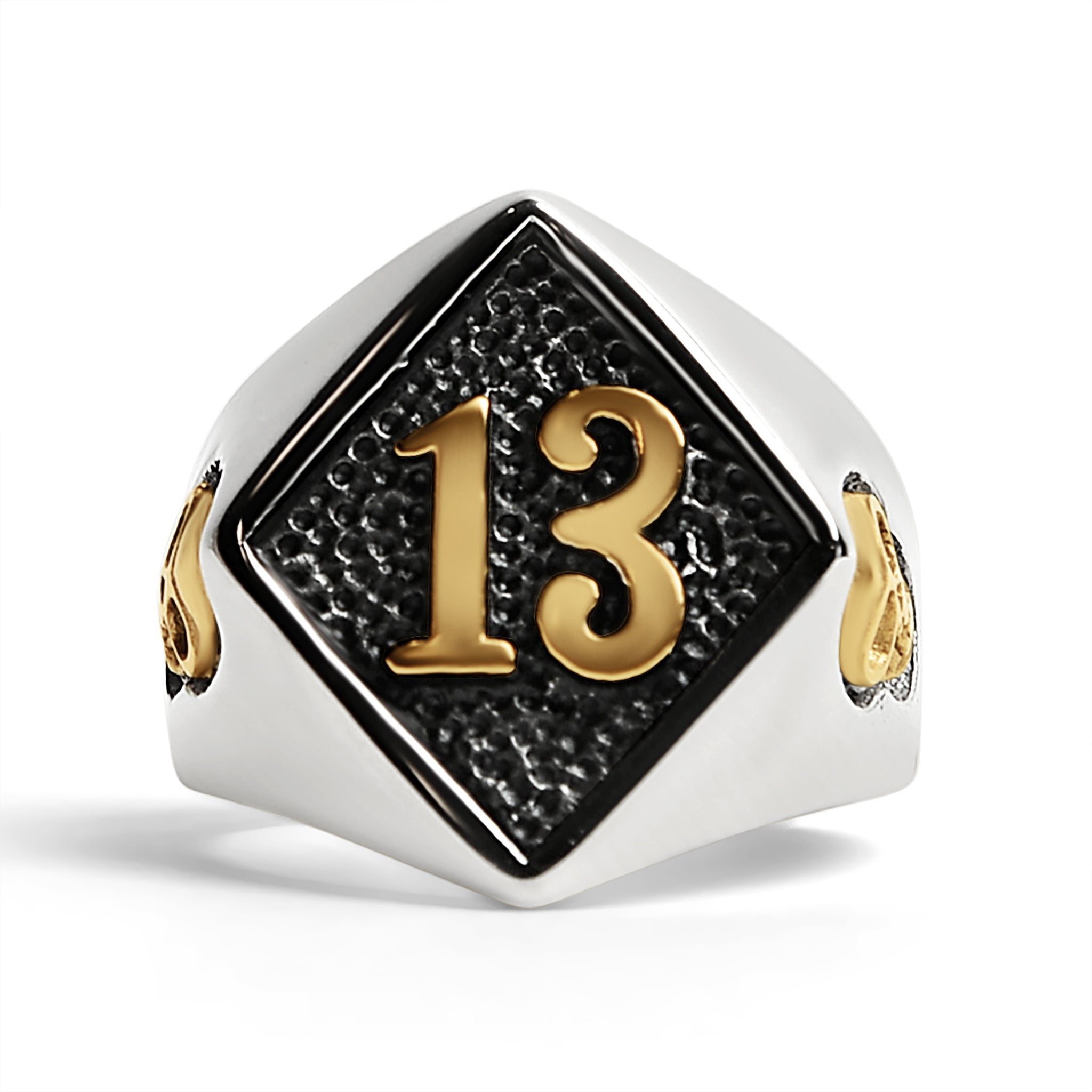 ''Stainless Steel 18K Gold Plated Accents ''''13'''' and SKULLs Signet Ring / SCR3042''