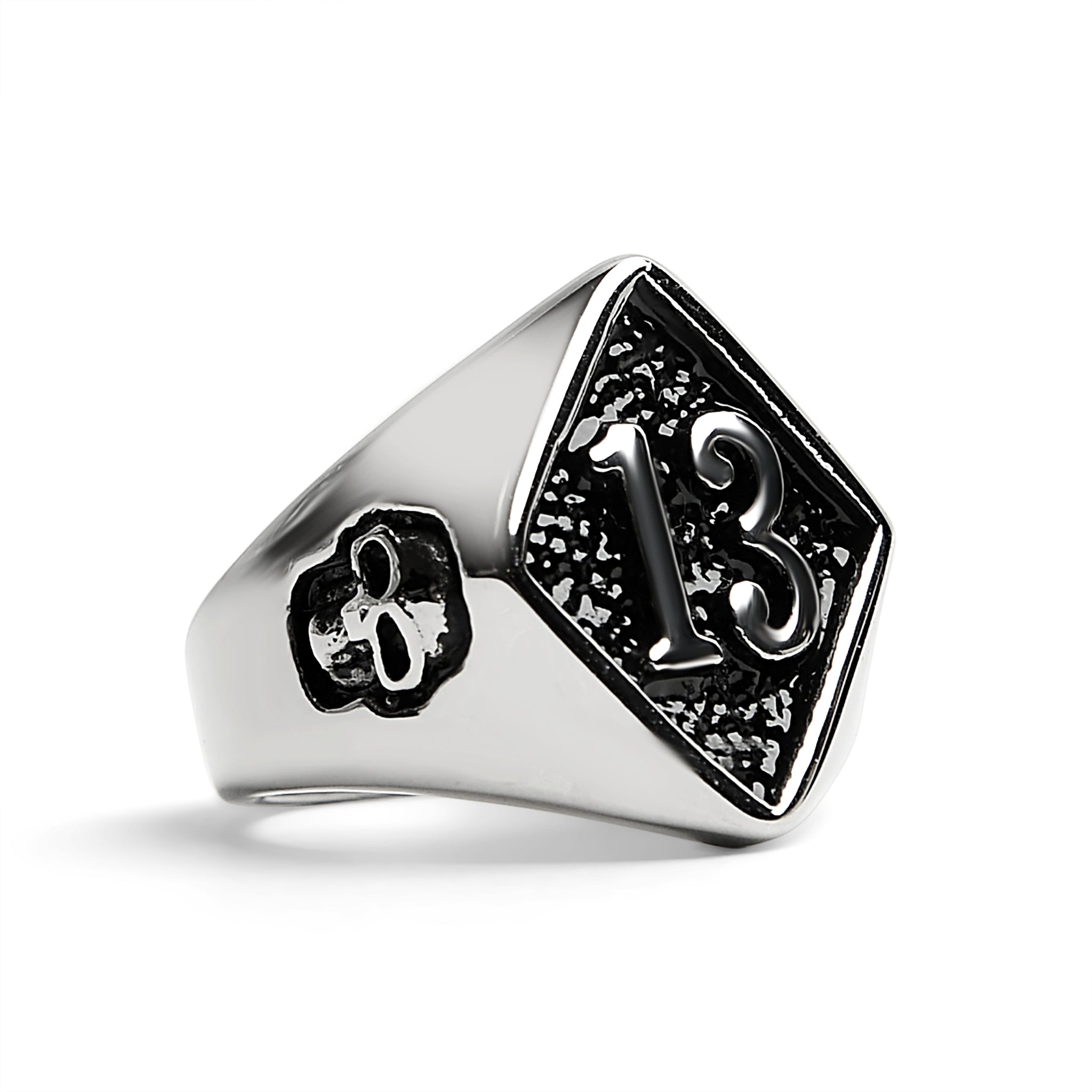 ''Stainless Steel ''''13'''' and SKULLs Signet Ring / SCR3043''