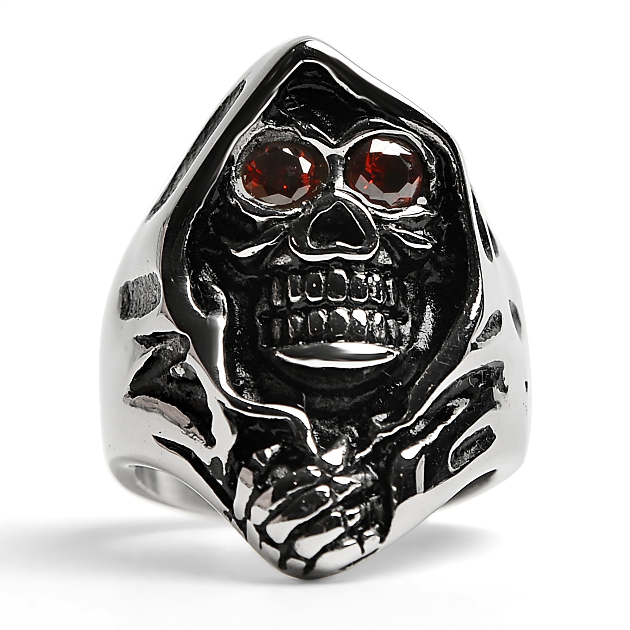 Stainless Steel Red CZ Eyed Grim Reaper RING / SCR3054