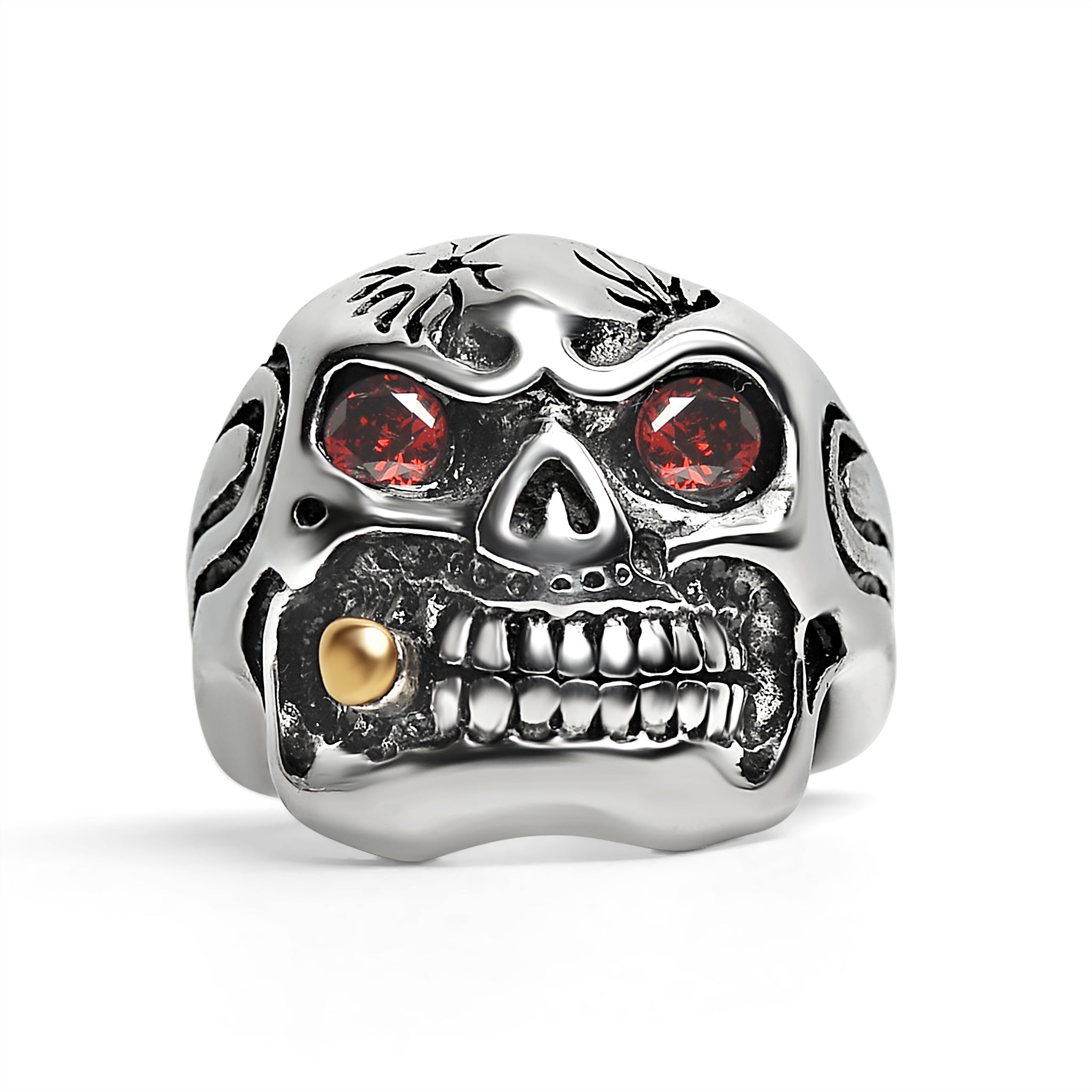 Stainless Steel Bullet Cigar Smoking Red CZ Eyed Skull Ring / SCR3074