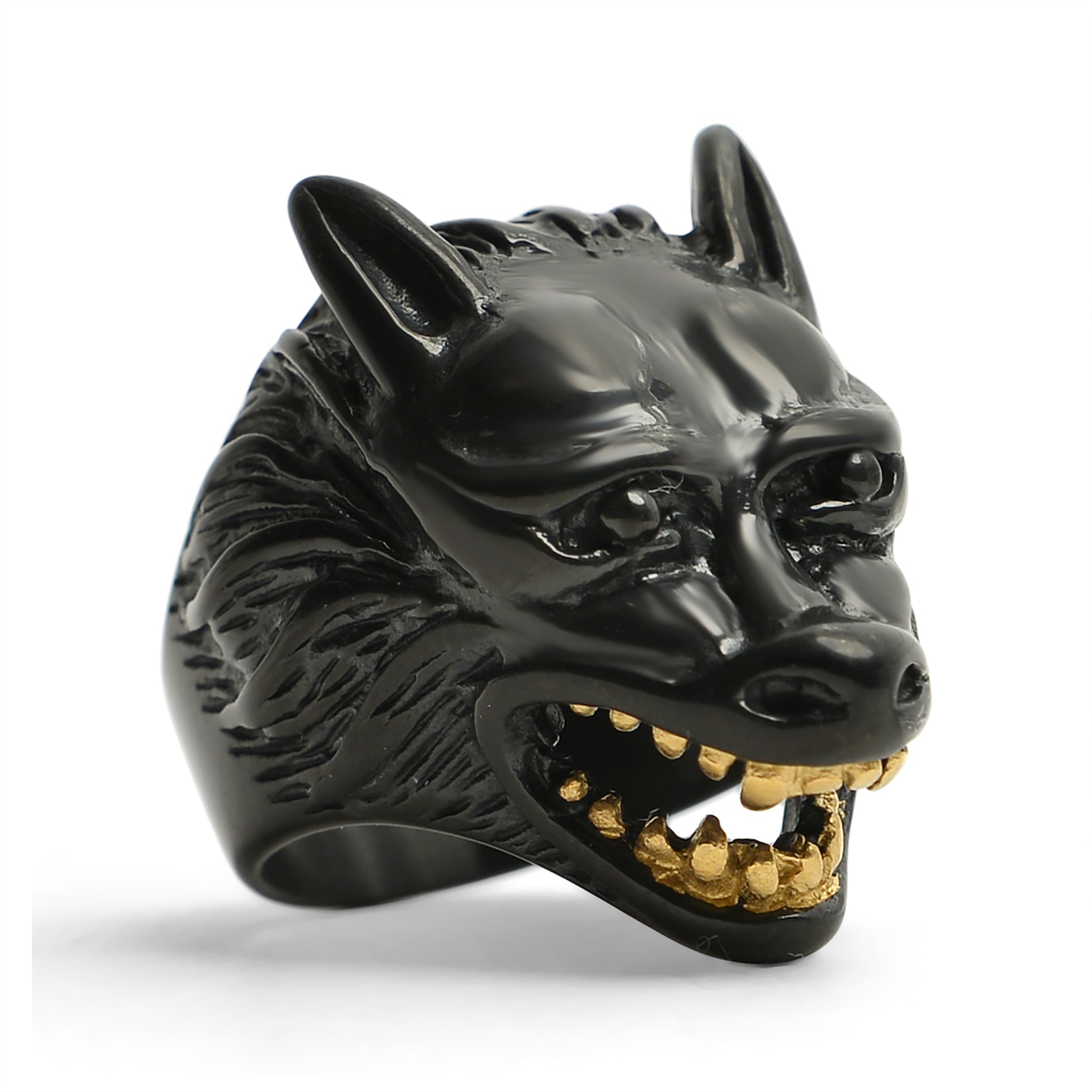 Stainless Steel Black Wolf With 18K GOLD Plated Teeth Ring / SCR3076