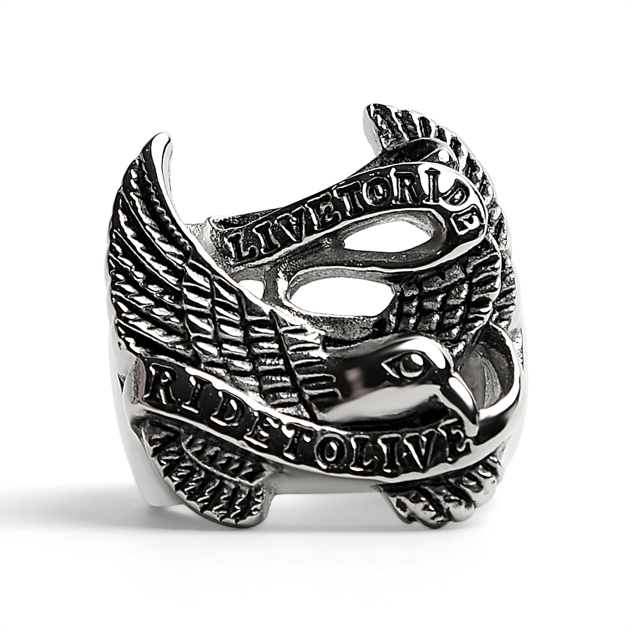 ''Stainless Steel ''''Live To Ride'''' ''''Ride To Live'''' Eagle Biker Ring / SCR3077''