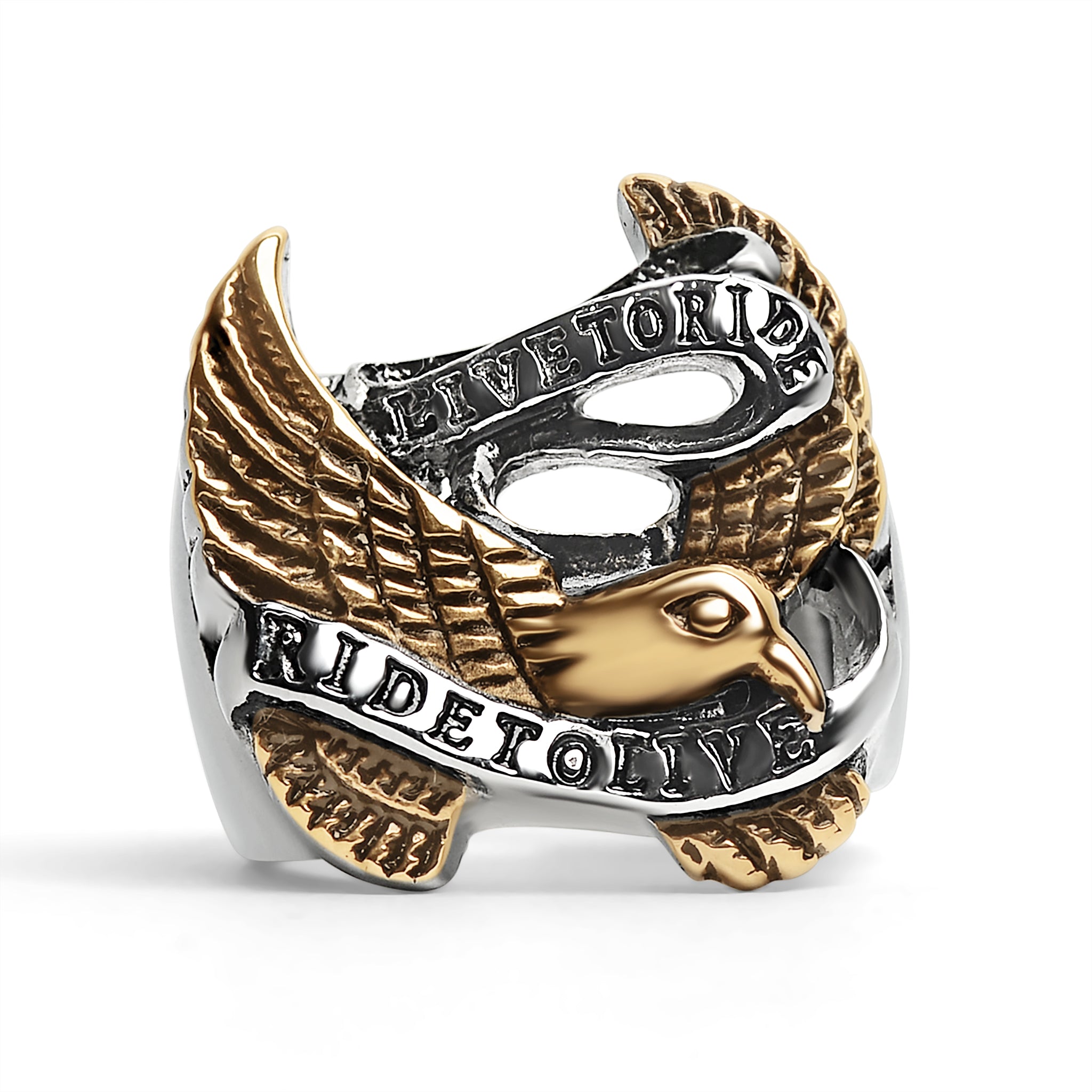 ''Stainless Steel 18K Gold Plated ''''Live To Ride'''' ''''Ride To Live'''' Eagle BIKER Ring / SCR3086''