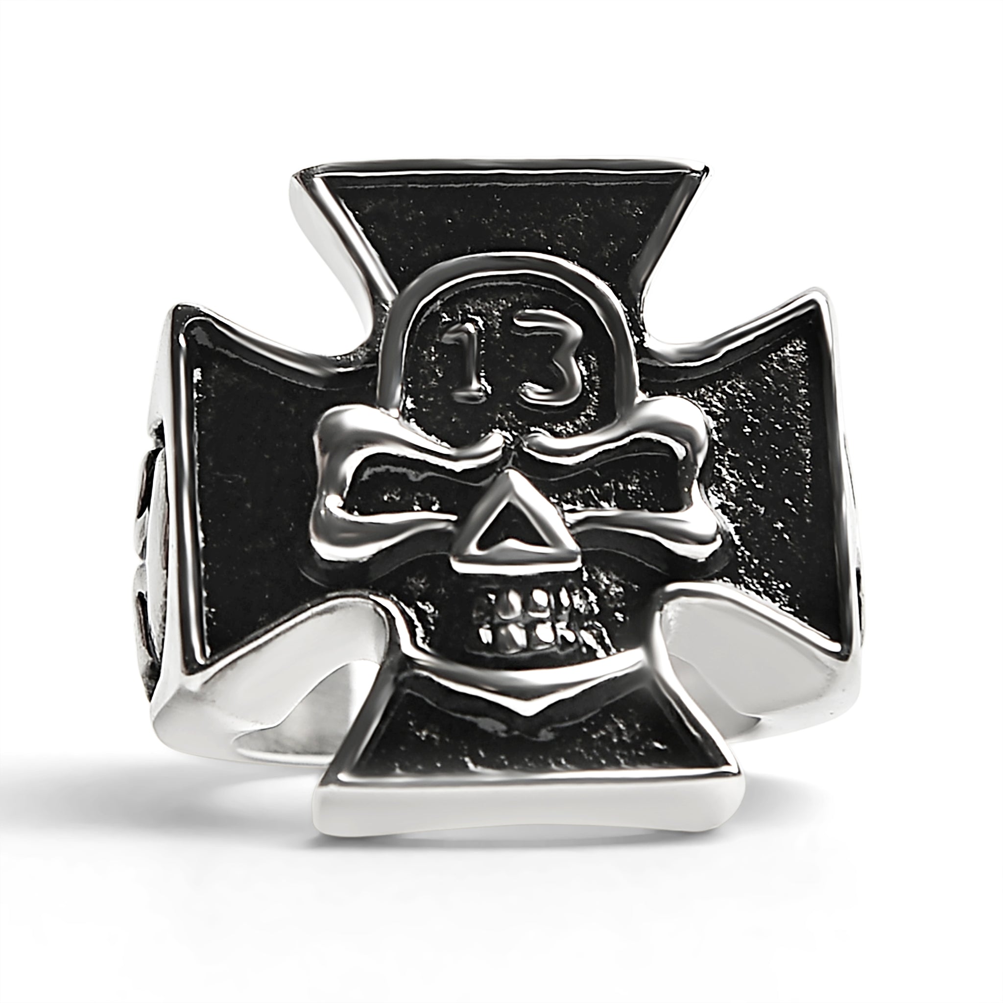 ''Stainless Steel ''''13'''' Skull Maltese Cross Signet RING / SCR4001''