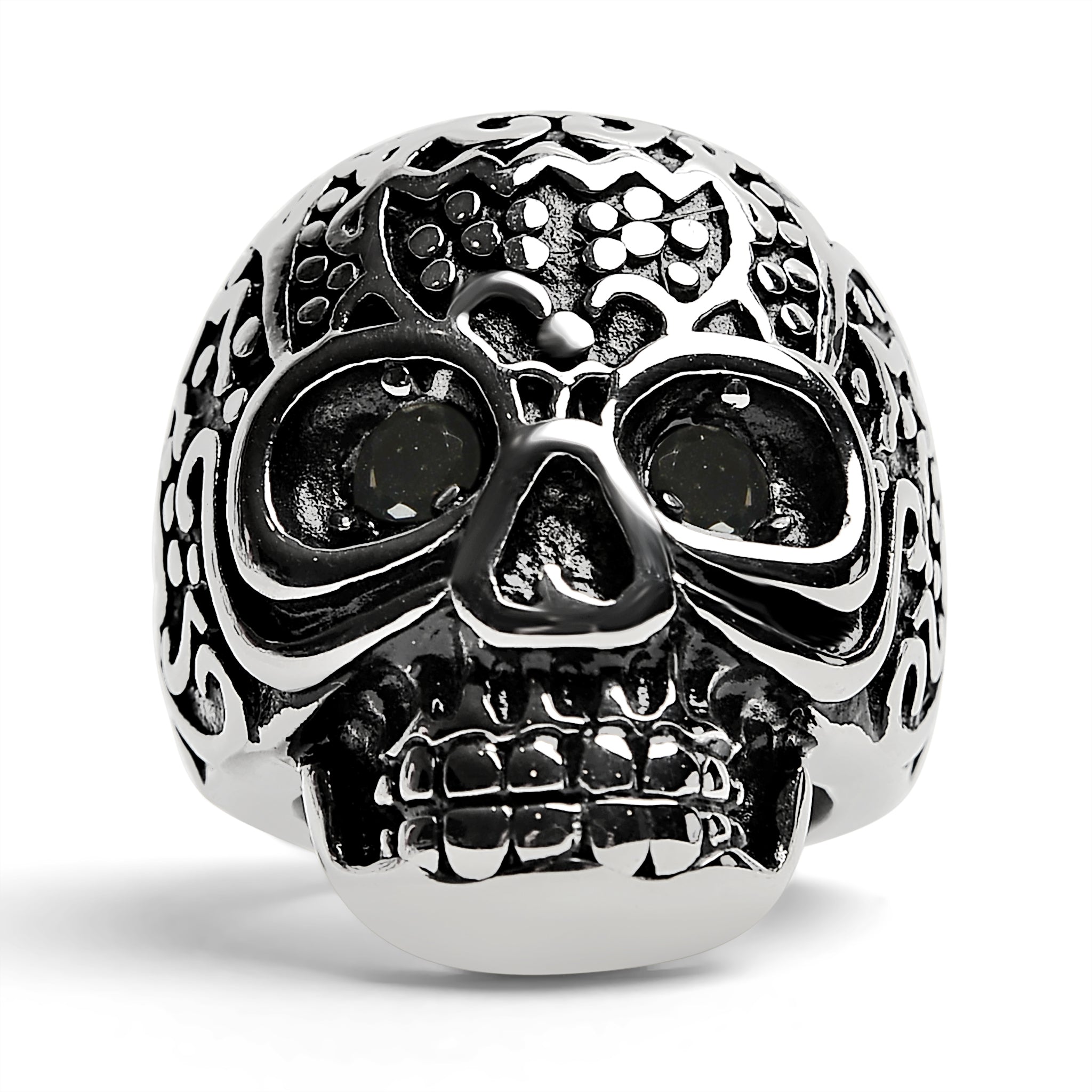 Large Detailed SKULL Black CZ Eyed Stainless Steel Ring / SCR4002