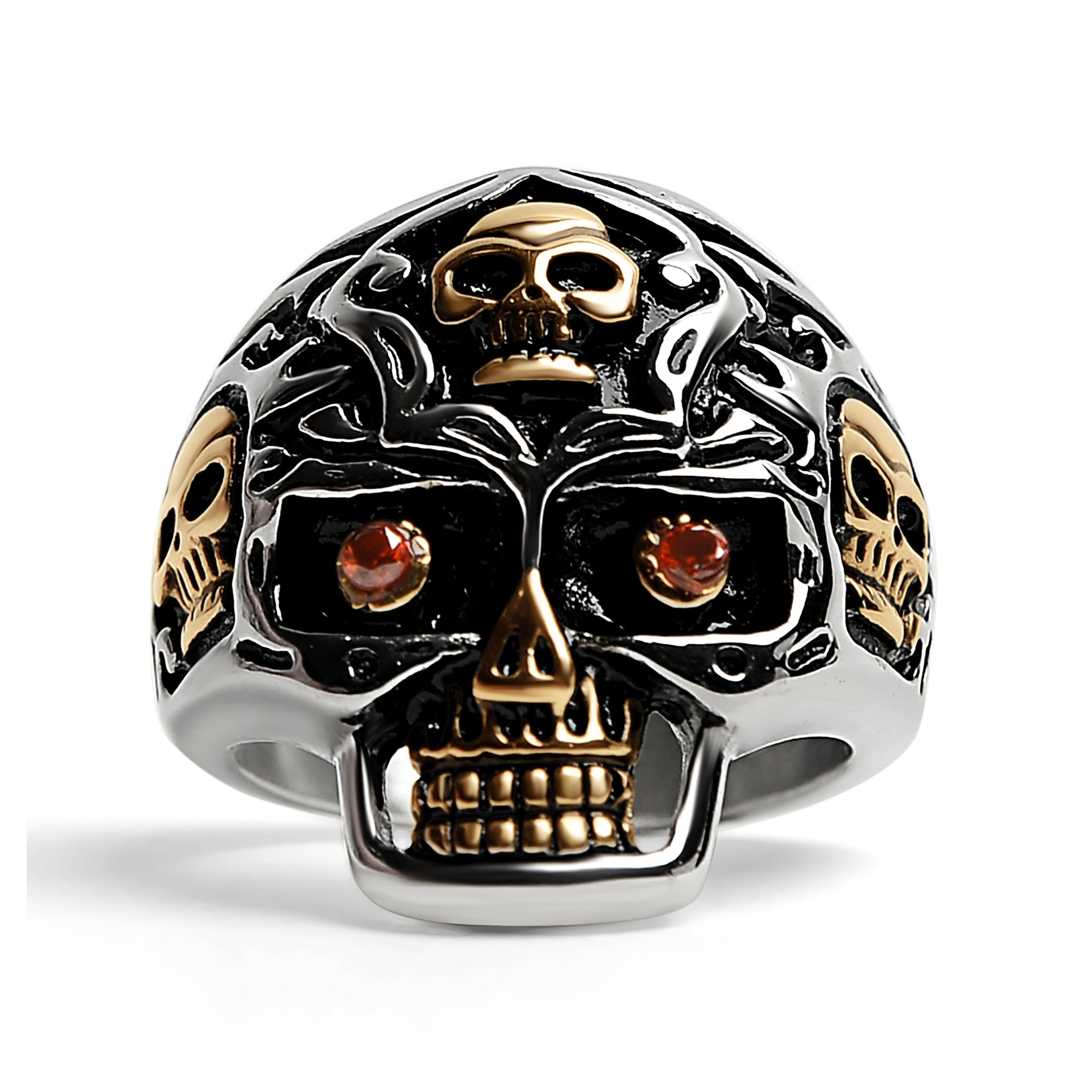 Stainless Steel 18K Gold Plated Red CZ Eyed Filigree Skull Ring / SCR4003