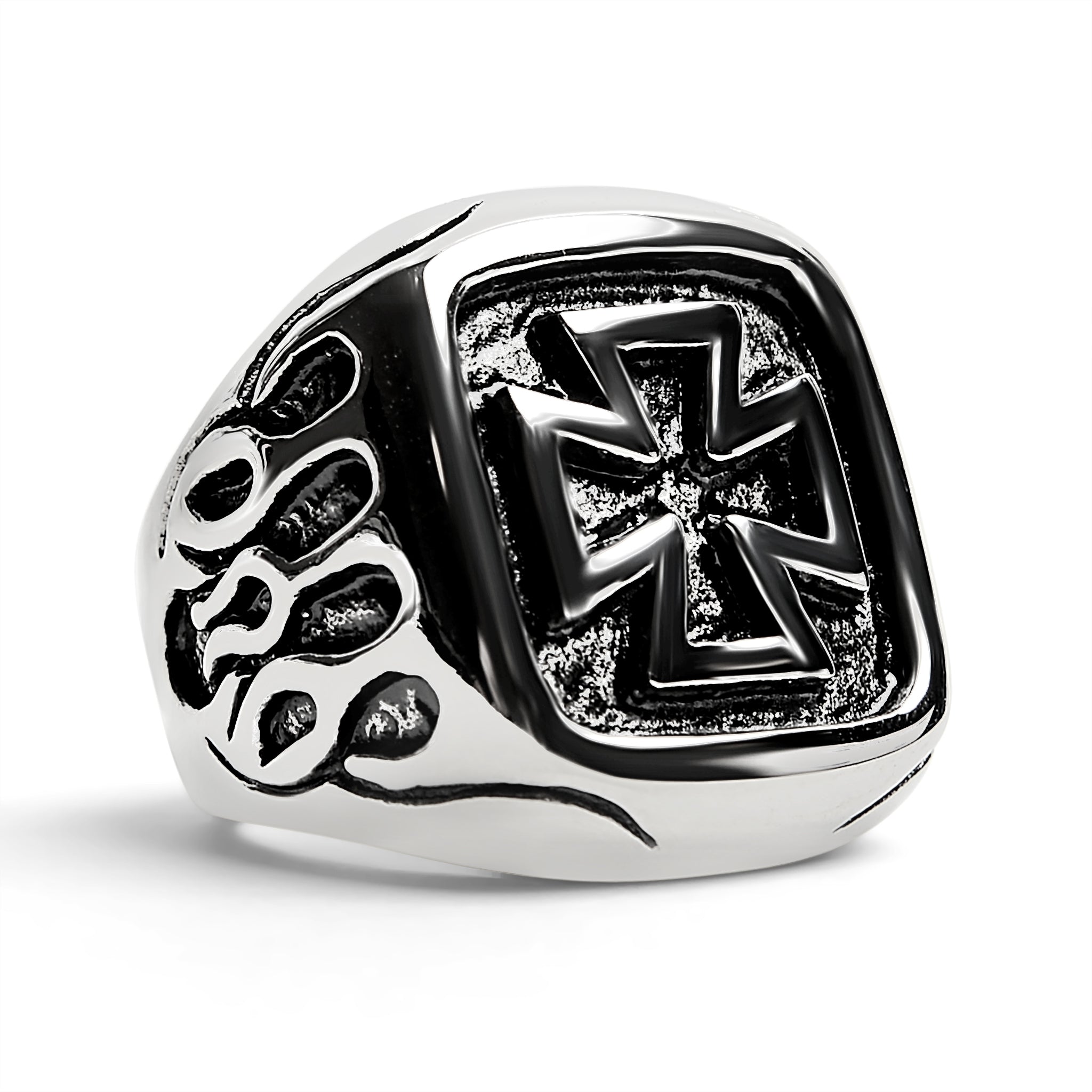 Stainless Steel Large Maltese Cross with Flame Accents Signet RING / SCR4008