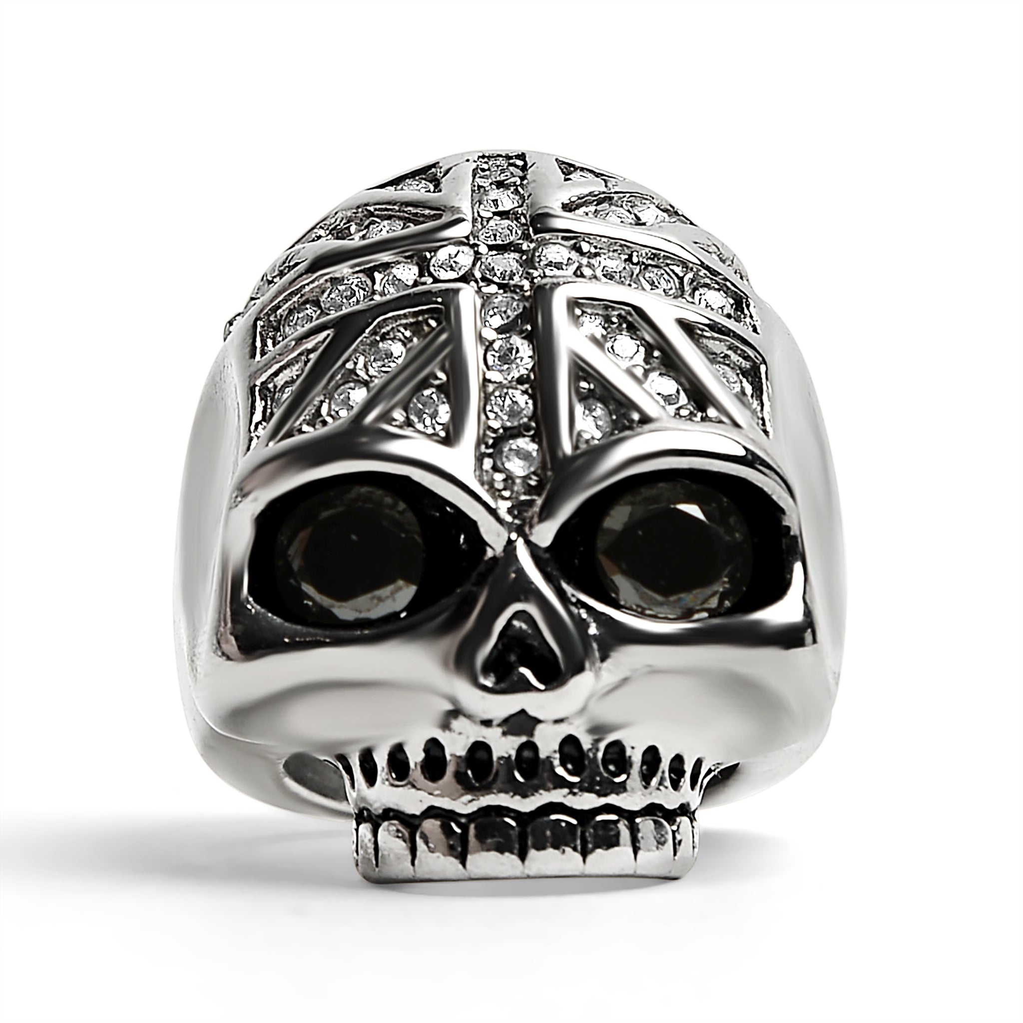 Stainless Steel Black CZ Eyed Skull With Clear CZ UK Flag RING / SCR4022