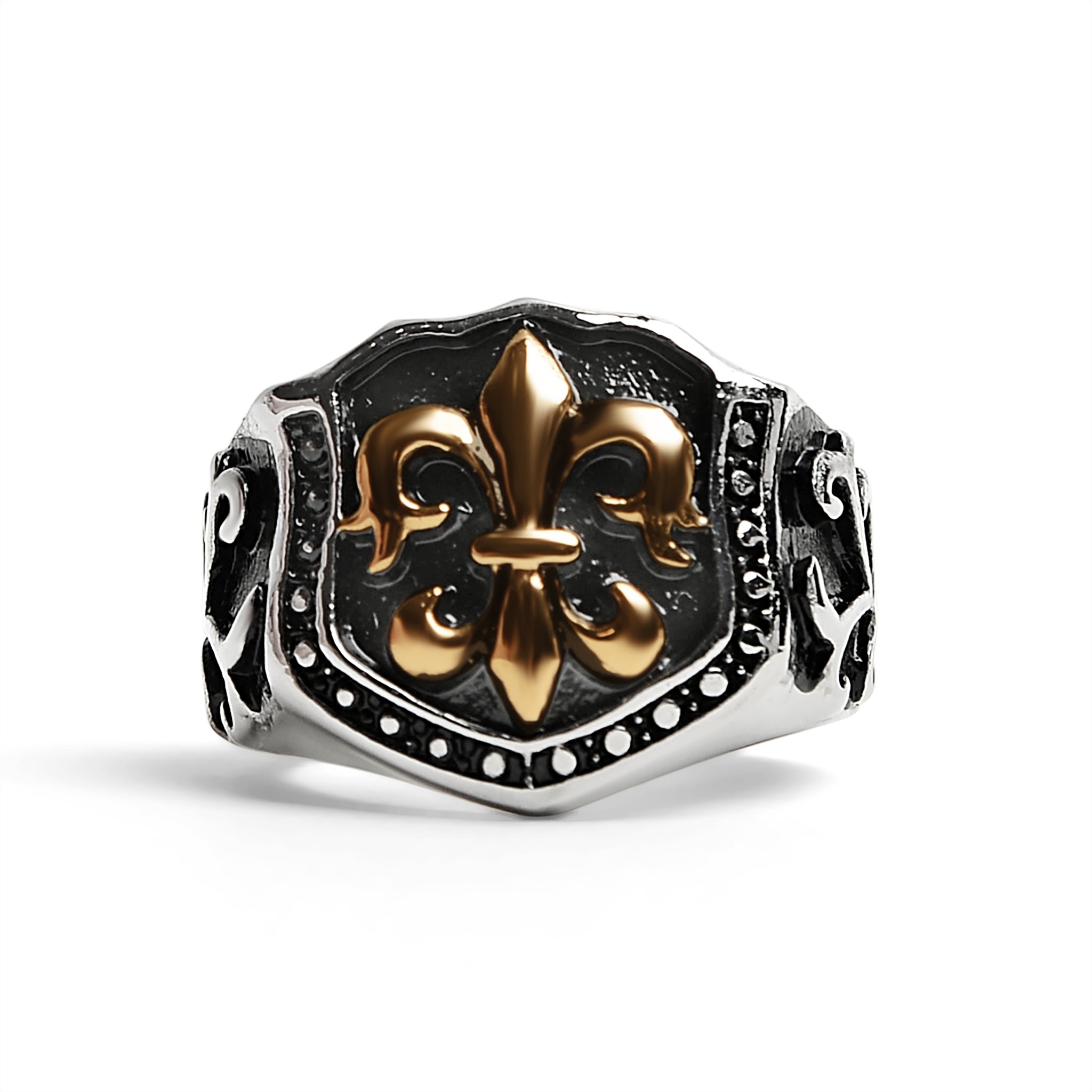 Stainless Steel 18K GOLD Plated Fleur De Lis Shield Signet Ring / SCR4034