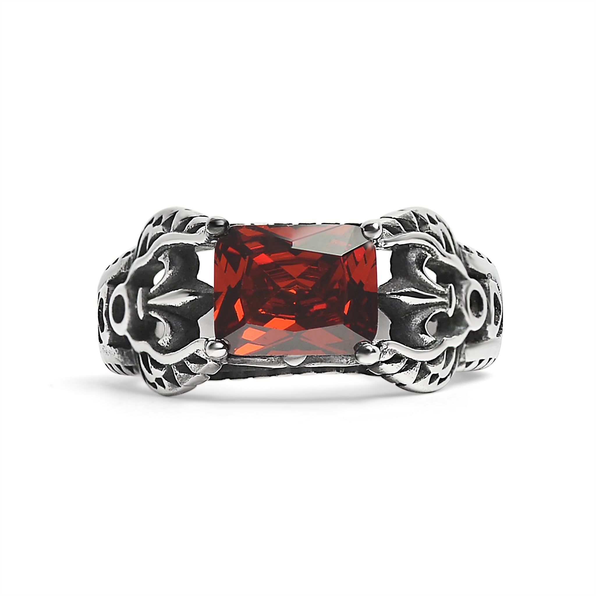 Red CZ Center Detailed Fleur De Lis Accents Stainless Steel RING / SCR4035