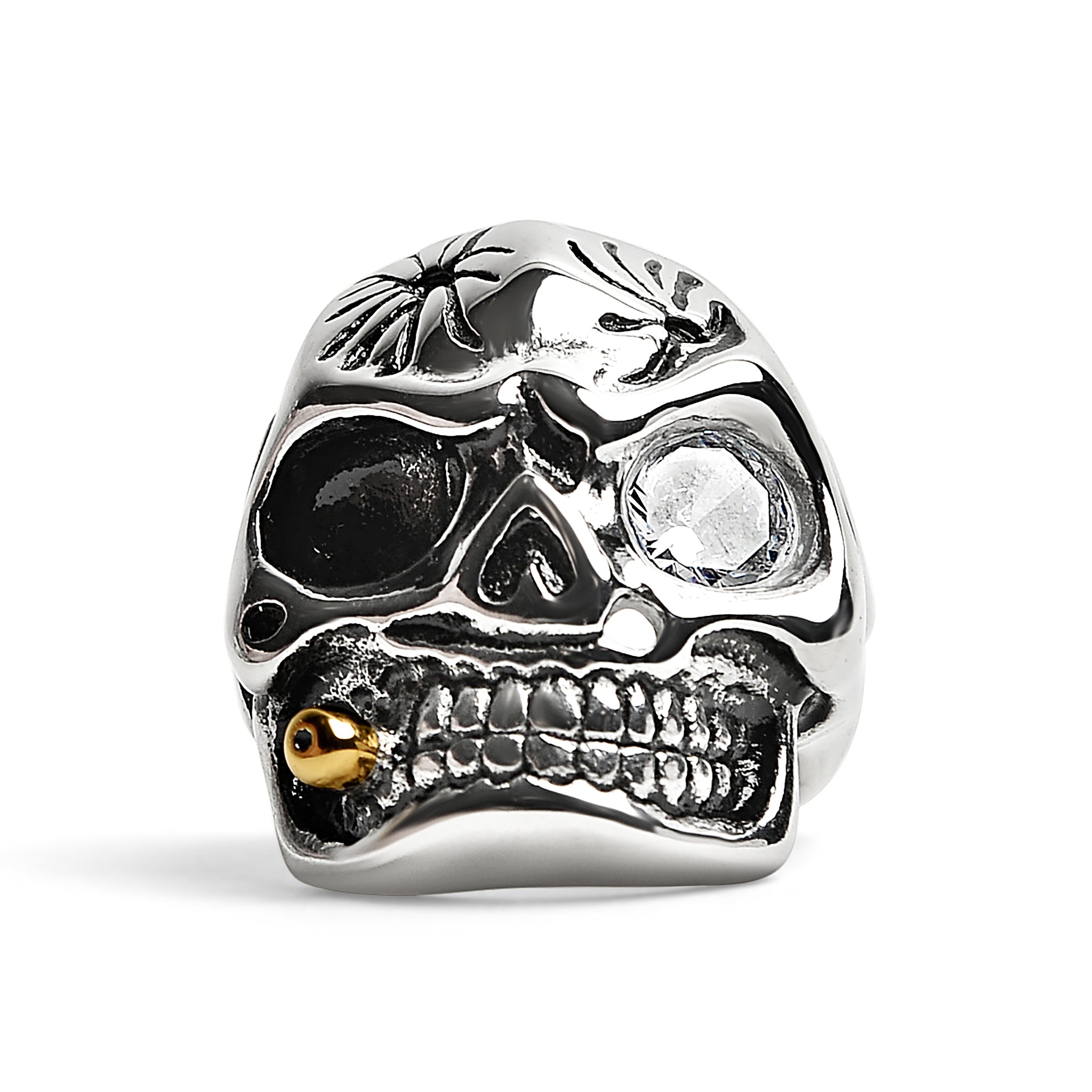 Stainless Steel Skull Smoking 18K Gold Plated CIGAR And Single CZ Eye Ring / SCR4047